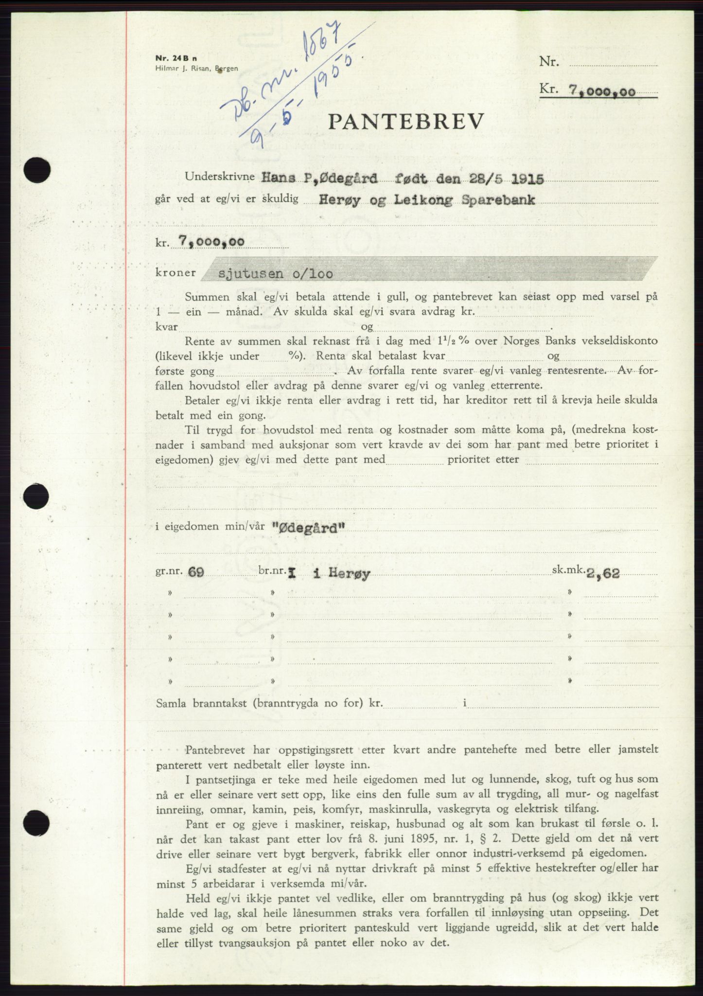 Søre Sunnmøre sorenskriveri, AV/SAT-A-4122/1/2/2C/L0126: Pantebok nr. 14B, 1954-1955, Dagboknr: 1067/1955