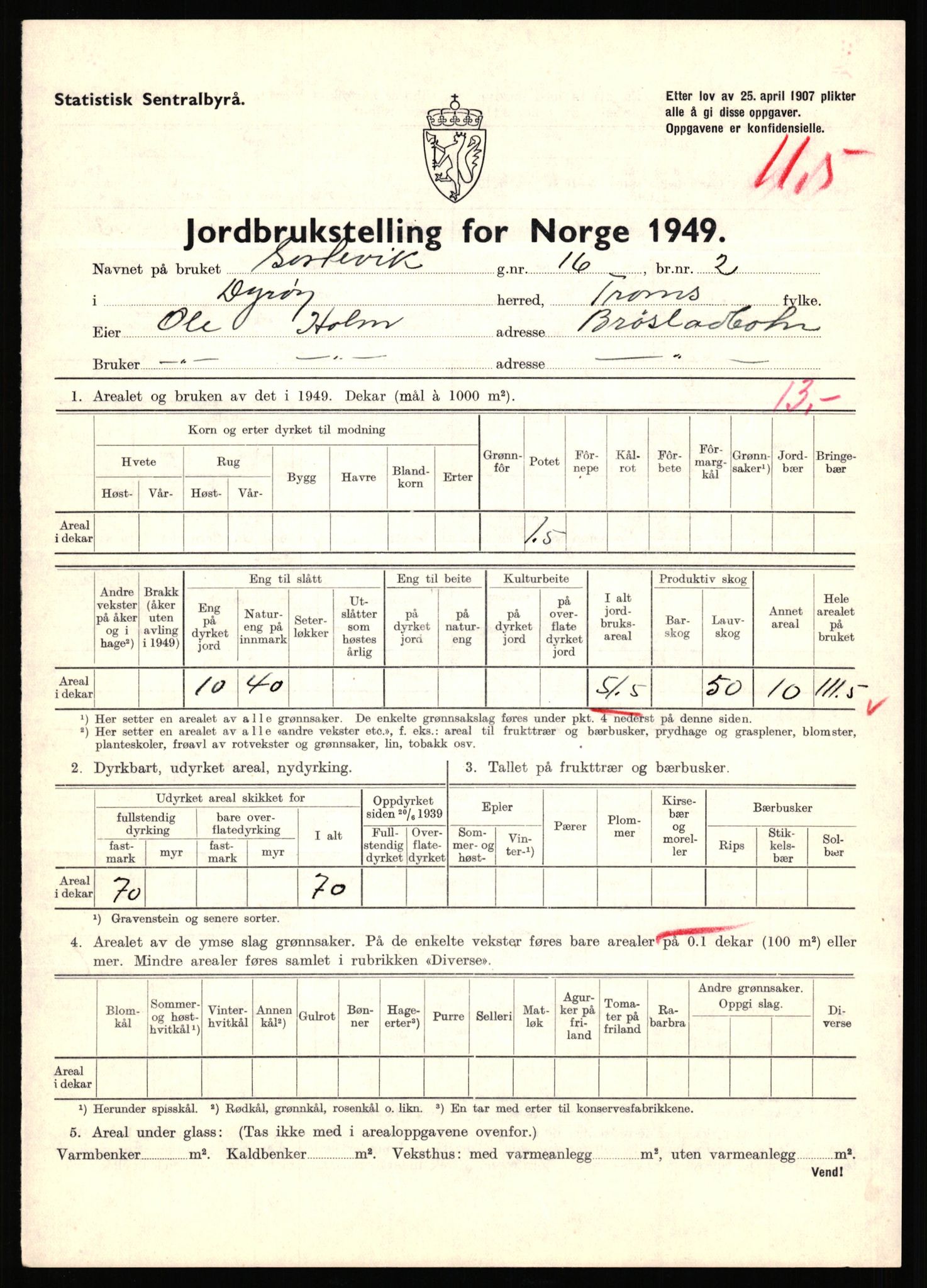 Statistisk sentralbyrå, Næringsøkonomiske emner, Jordbruk, skogbruk, jakt, fiske og fangst, AV/RA-S-2234/G/Gc/L0440: Troms: Sørreisa og Dyrøy, 1949, s. 1578