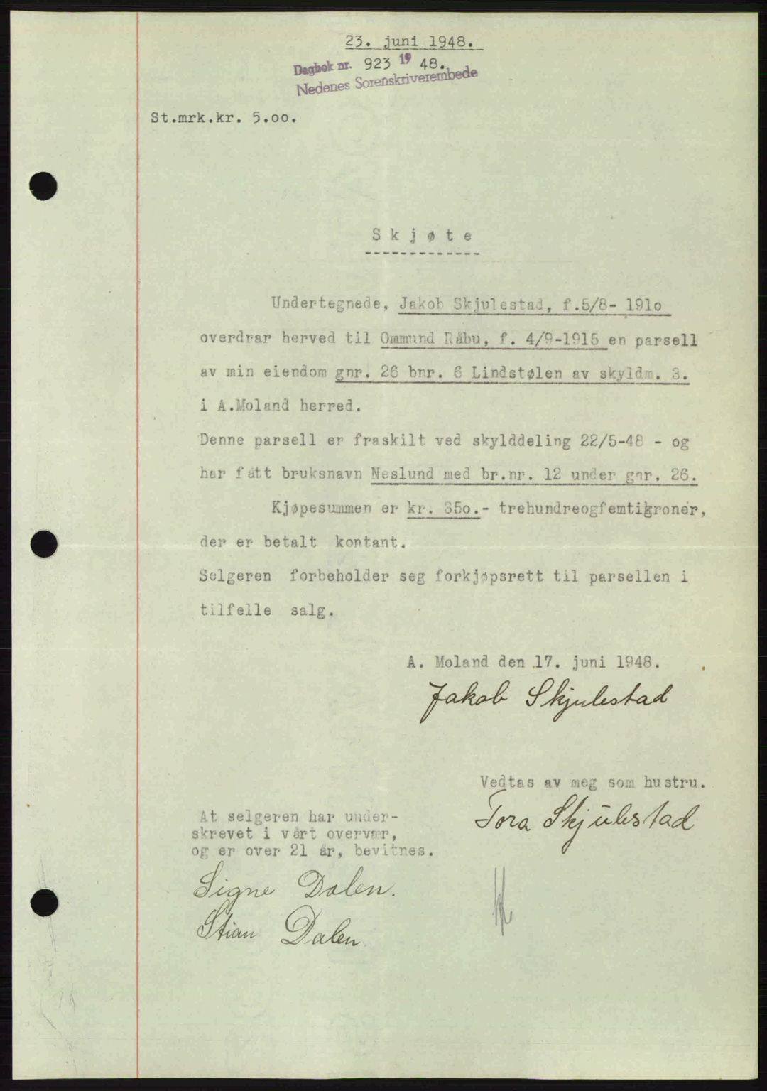 Nedenes sorenskriveri, AV/SAK-1221-0006/G/Gb/Gba/L0059: Pantebok nr. A11, 1948-1948, Dagboknr: 923/1948