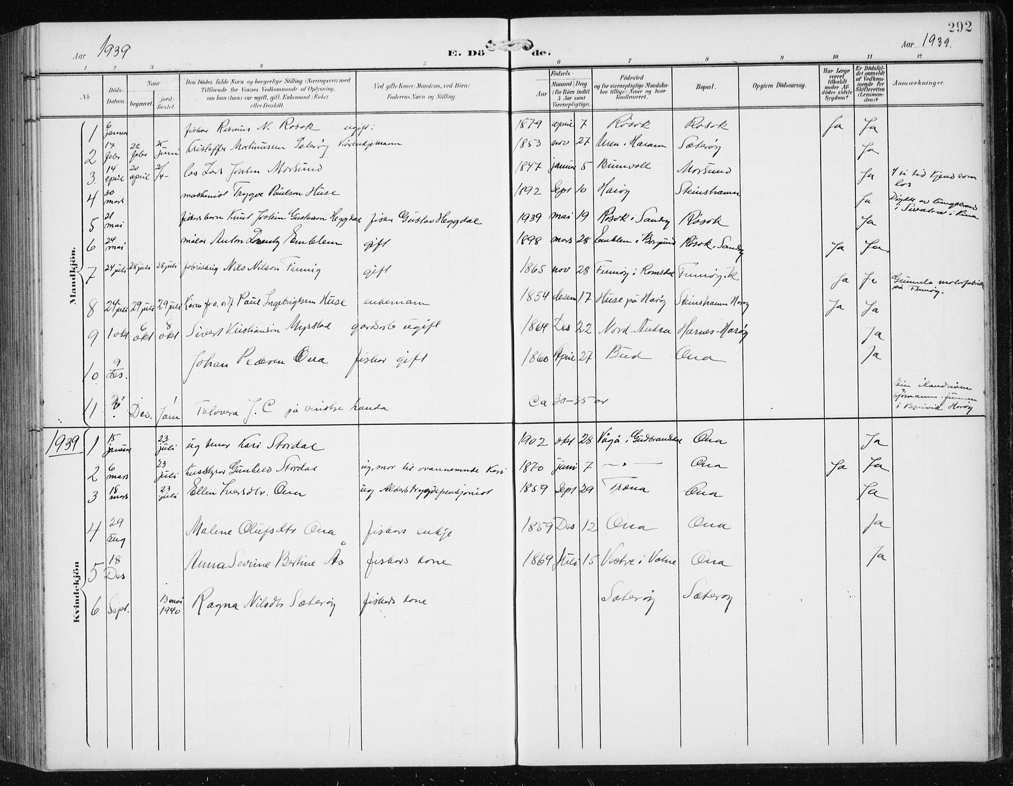 Ministerialprotokoller, klokkerbøker og fødselsregistre - Møre og Romsdal, SAT/A-1454/561/L0733: Klokkerbok nr. 561C03, 1900-1940, s. 292