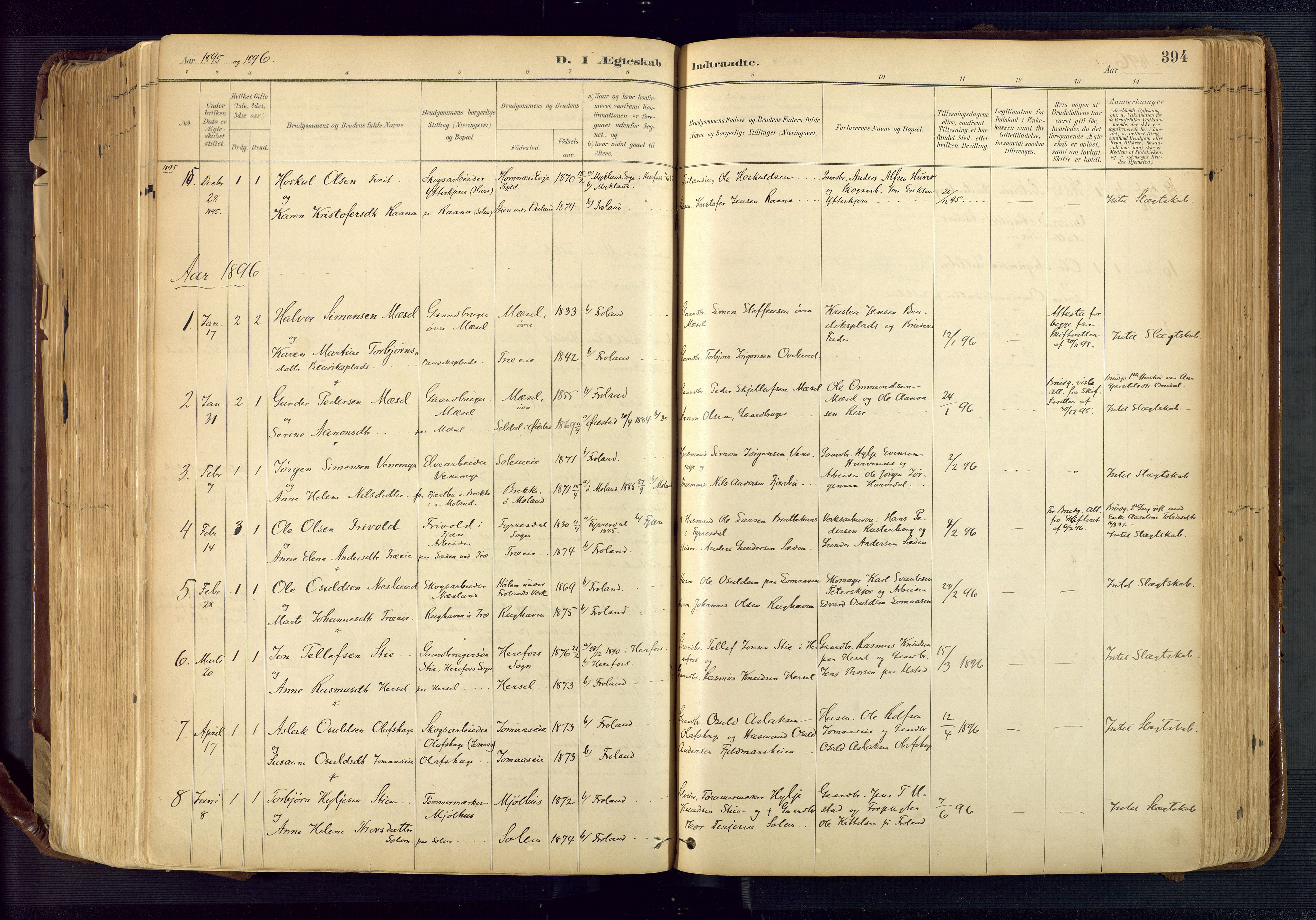 Froland sokneprestkontor, AV/SAK-1111-0013/F/Fa/L0005: Ministerialbok nr. A 5, 1882-1921, s. 394