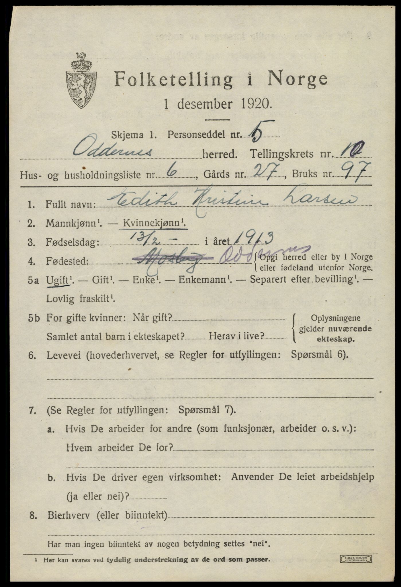 SAK, Folketelling 1920 for 1012 Oddernes herred, 1920, s. 6433