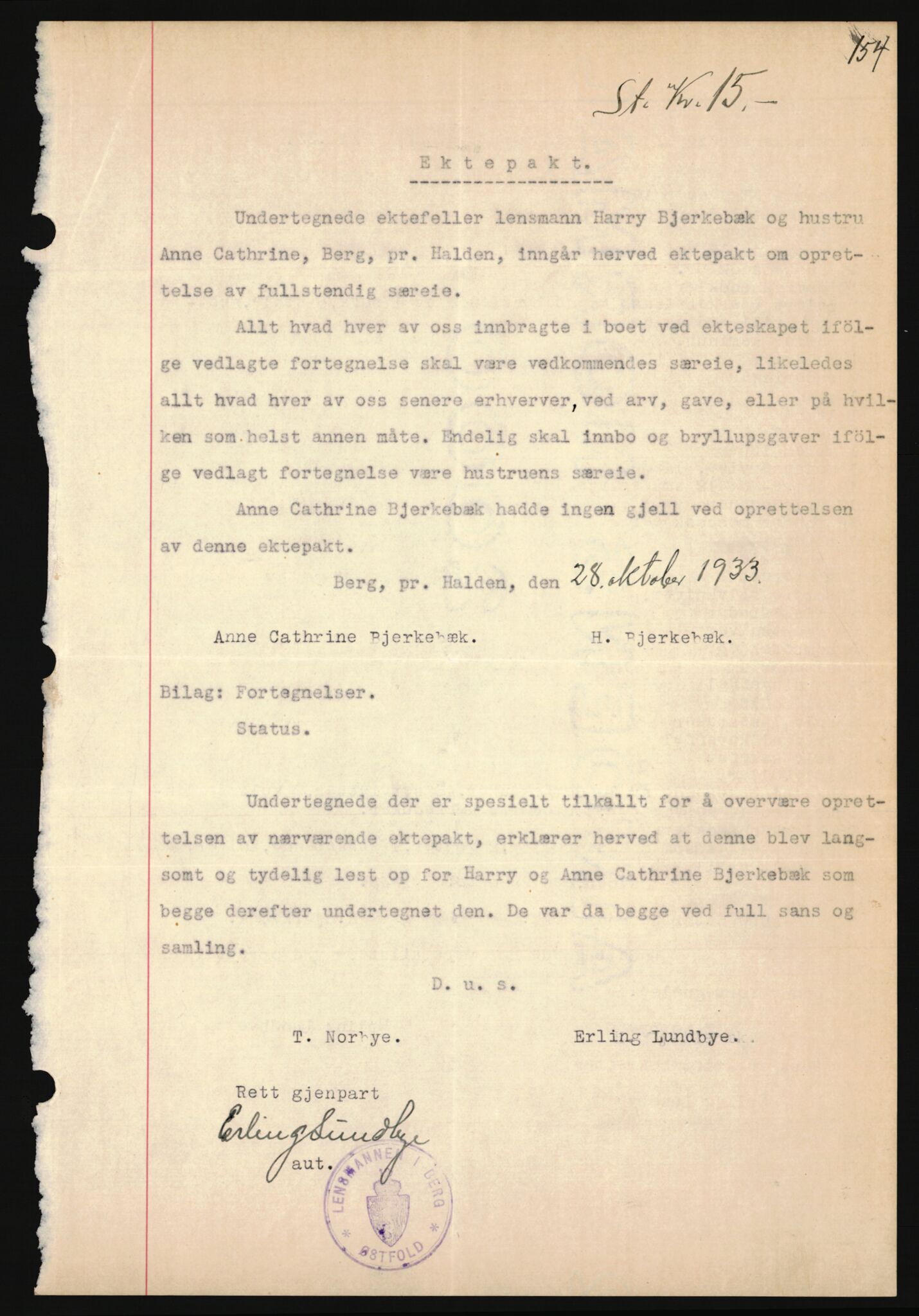 Oslo byskriverembete, AV/SAO-A-10227/2/G/Gb/L0002: Tinglyste ektepakter, Østfold fylke, bind 2-3, 1933-1941