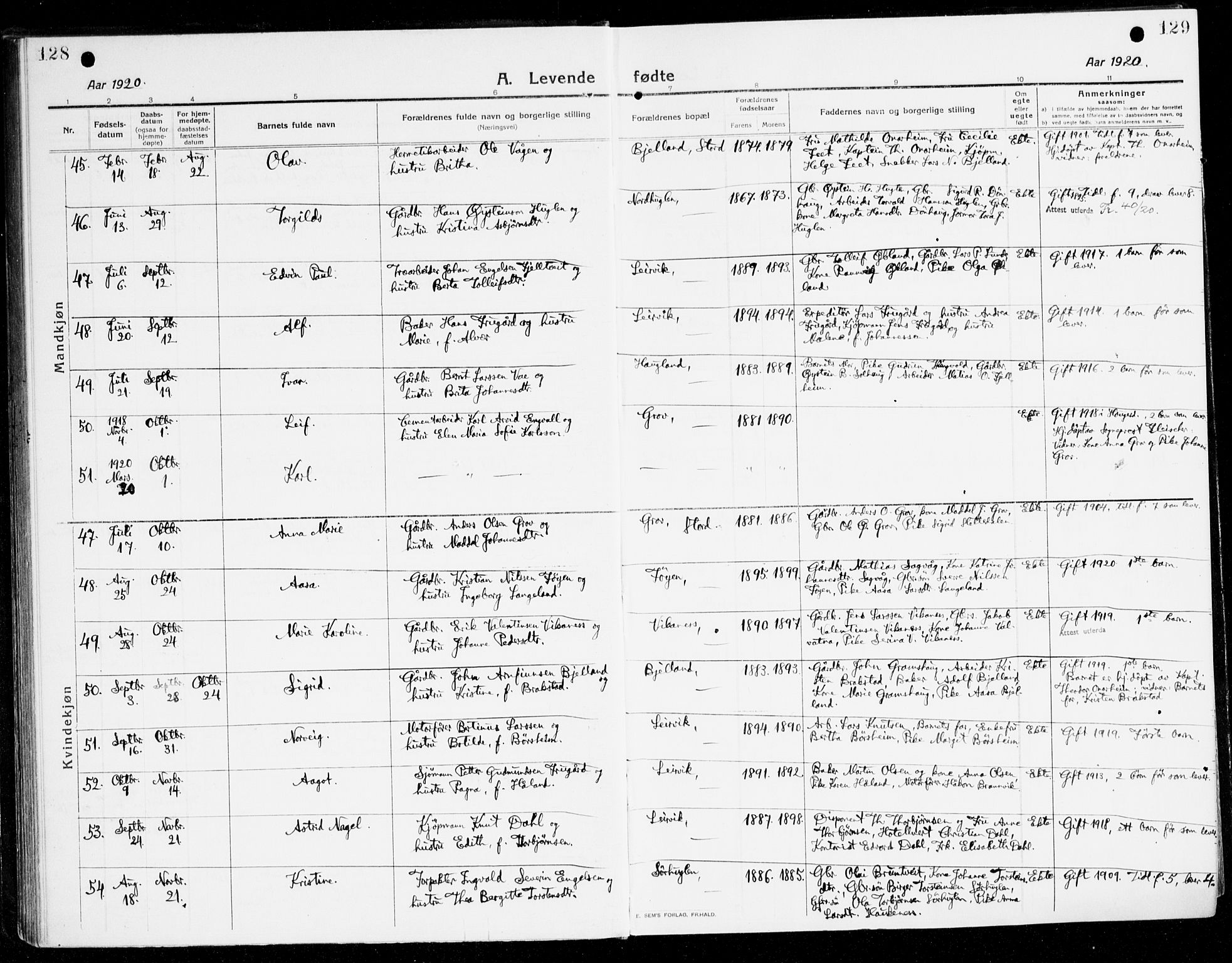 Stord sokneprestembete, AV/SAB-A-78201/H/Haa: Ministerialbok nr. B 3, 1913-1925, s. 128-129