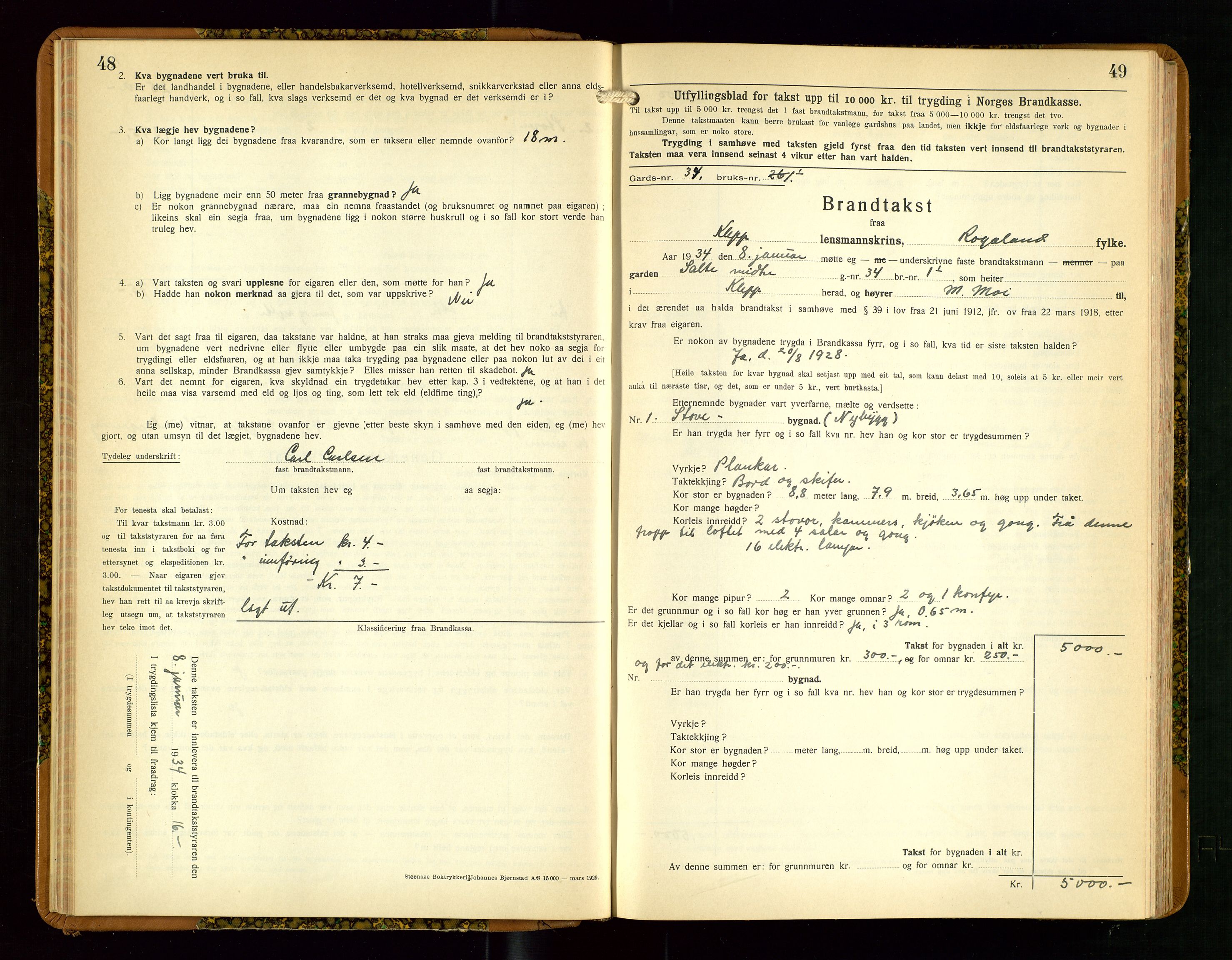 Klepp lensmannskontor, SAST/A-100163/Goc/L0013: "Brandtakstbok" m/register, 1933-1937, s. 48-49