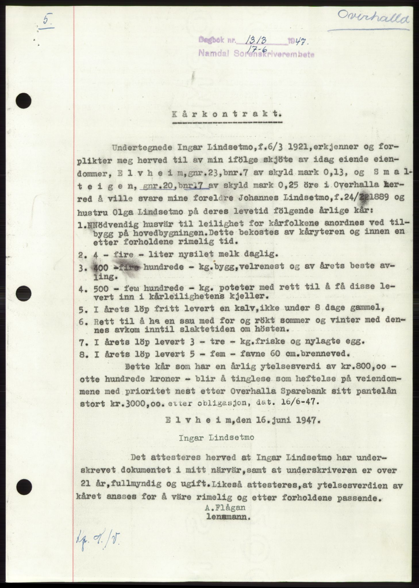Namdal sorenskriveri, SAT/A-4133/1/2/2C: Pantebok nr. -, 1947-1947, Dagboknr: 1313/1947