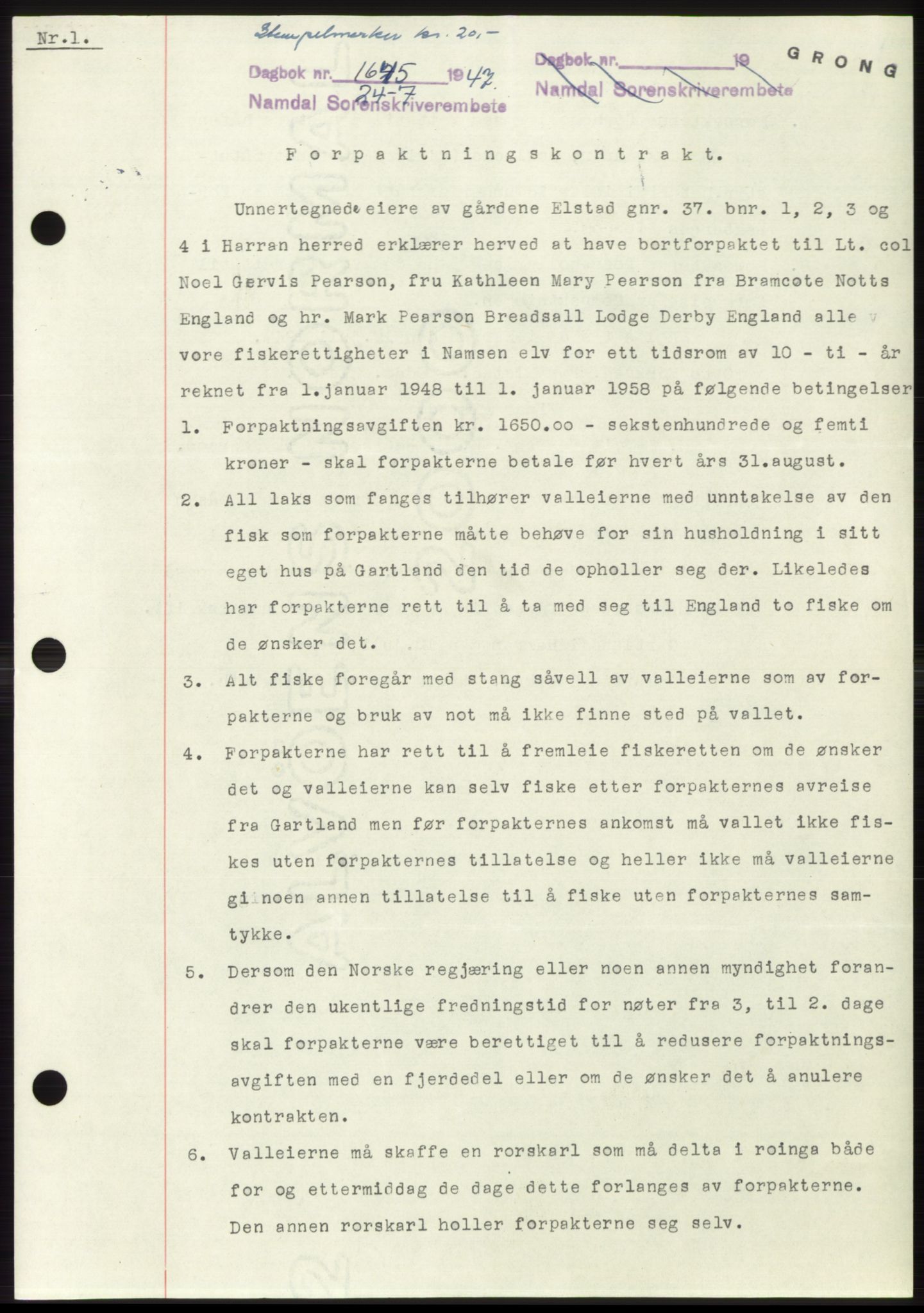 Namdal sorenskriveri, SAT/A-4133/1/2/2C: Pantebok nr. -, 1947-1947, Dagboknr: 1645/1947