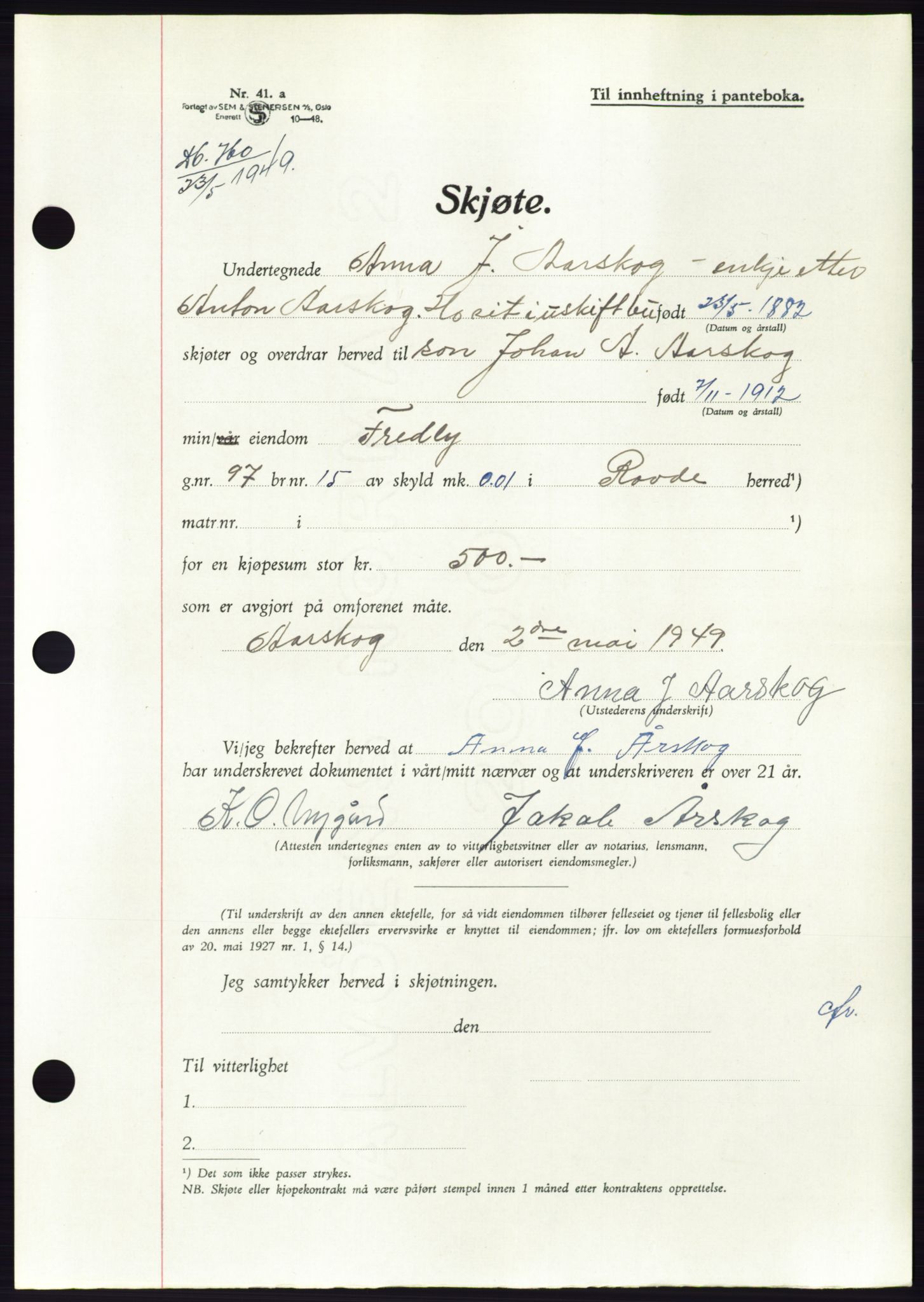 Søre Sunnmøre sorenskriveri, AV/SAT-A-4122/1/2/2C/L0084: Pantebok nr. 10A, 1949-1949, Dagboknr: 760/1949