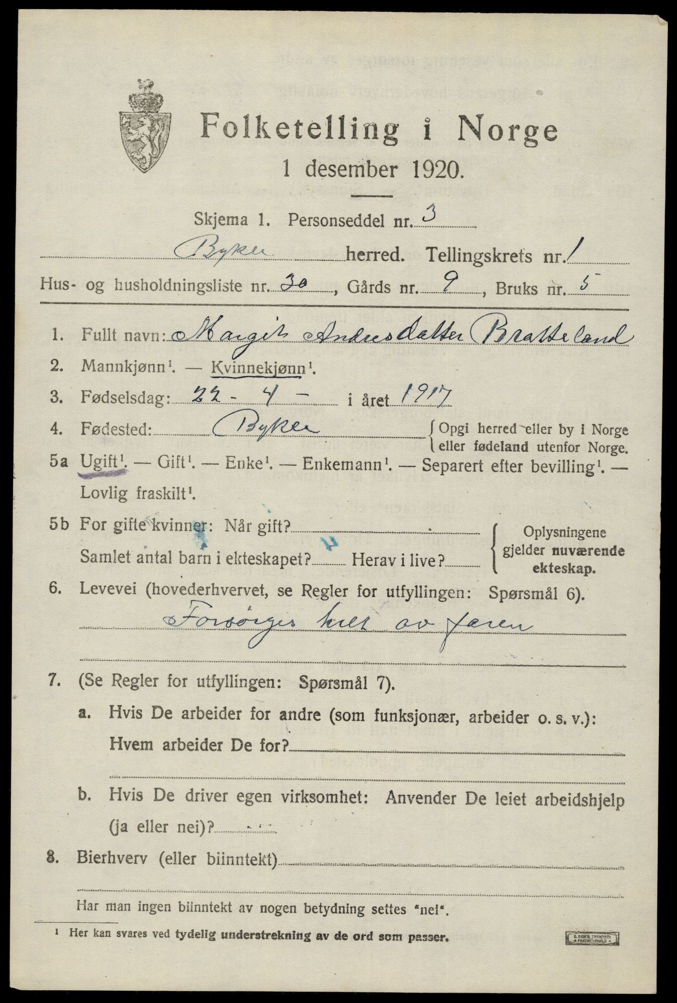 SAK, Folketelling 1920 for 0941 Bykle herred, 1920, s. 587
