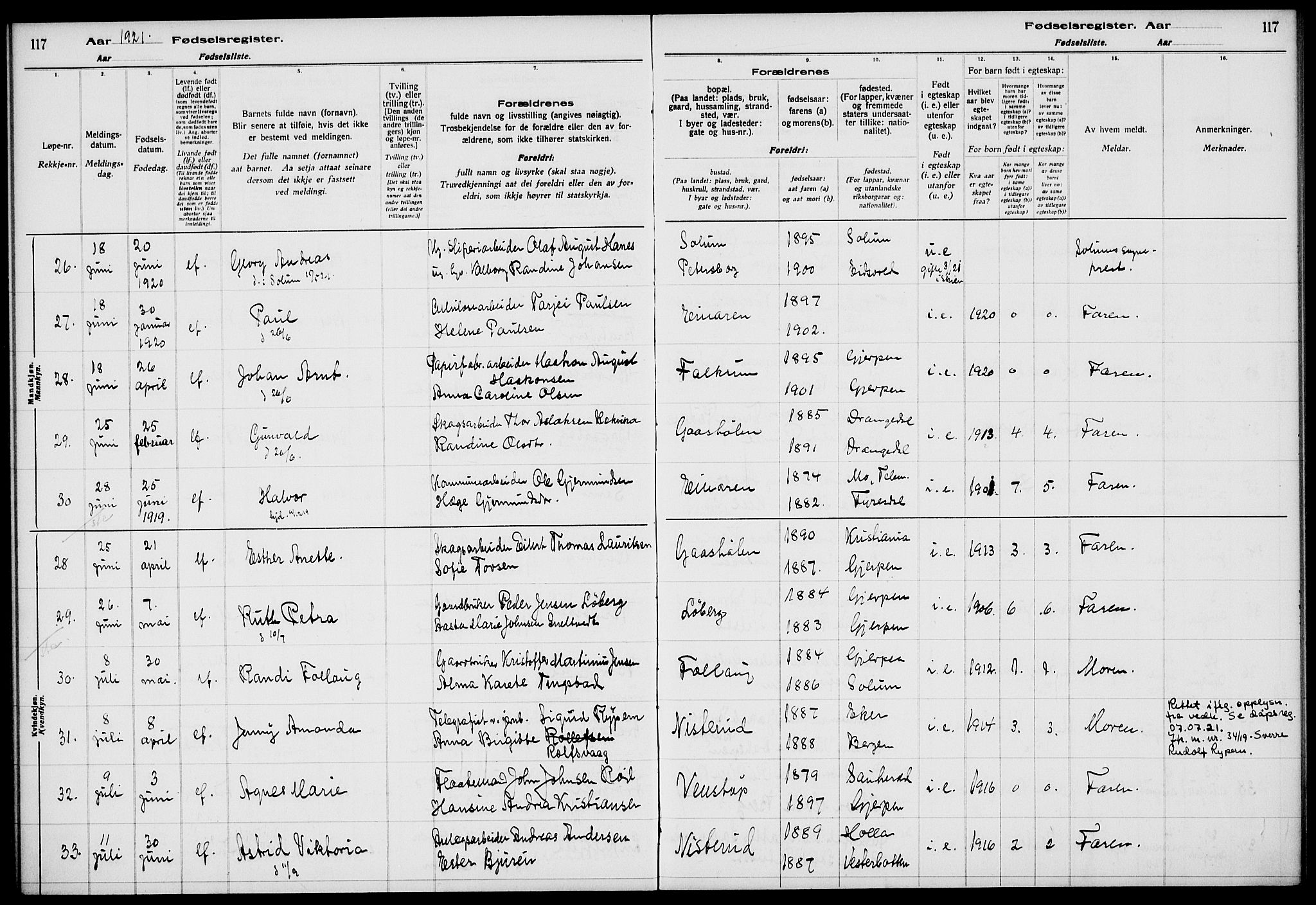 Gjerpen kirkebøker, AV/SAKO-A-265/J/Ja/L0001: Fødselsregister nr. I 1, 1916-1926, s. 117