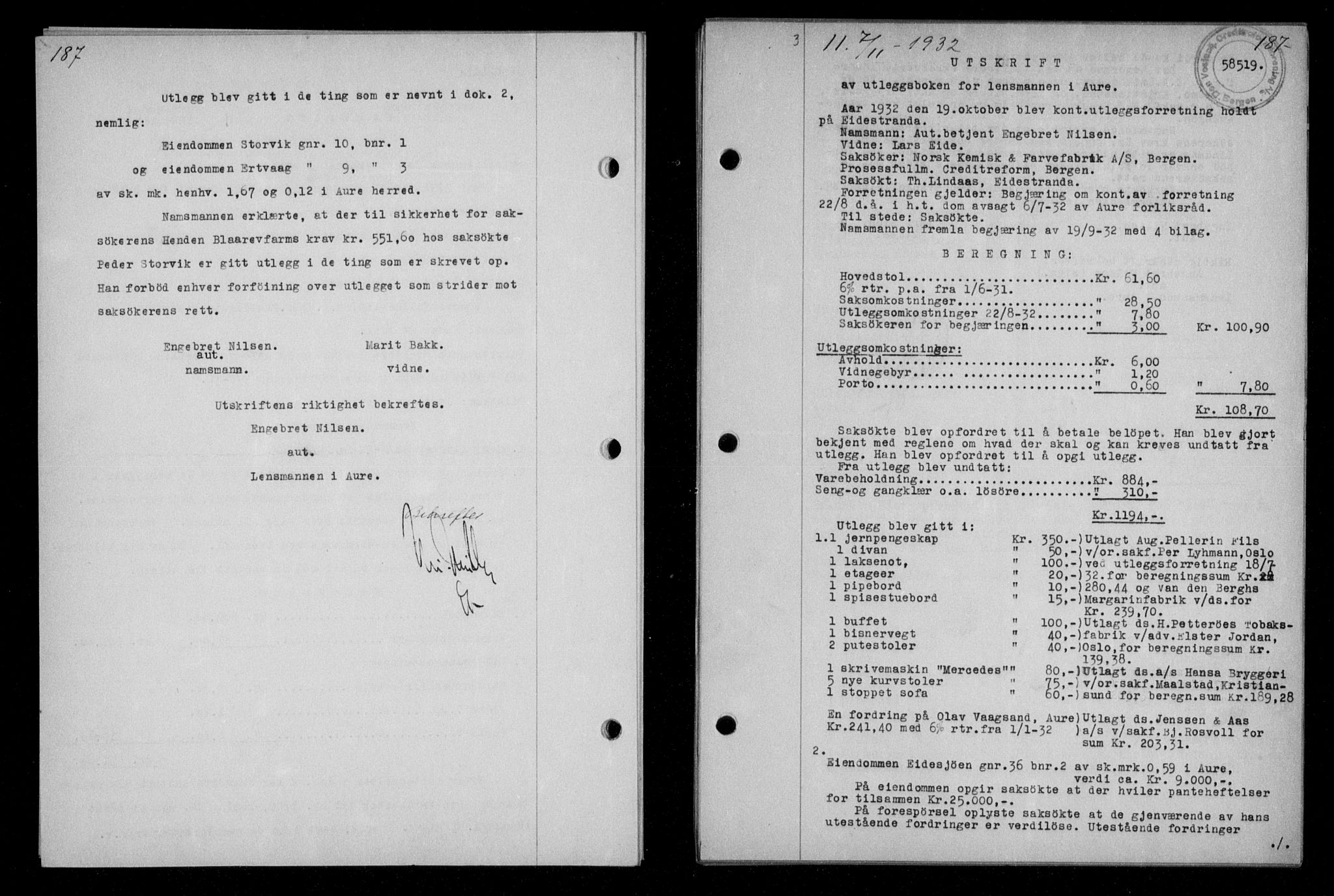 Nordmøre sorenskriveri, AV/SAT-A-4132/1/2/2Ca/L0076: Pantebok nr. 66, 1932-1933, Tingl.dato: 07.11.1932