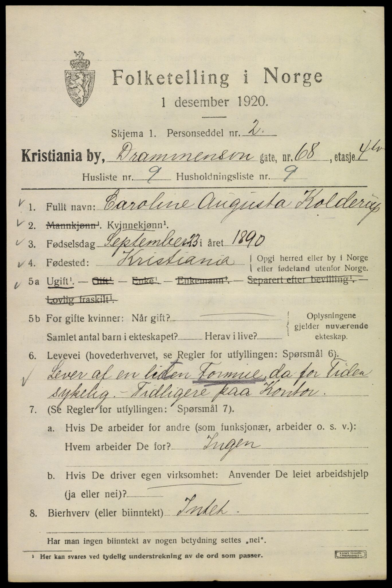 SAO, Folketelling 1920 for 0301 Kristiania kjøpstad, 1920, s. 202285