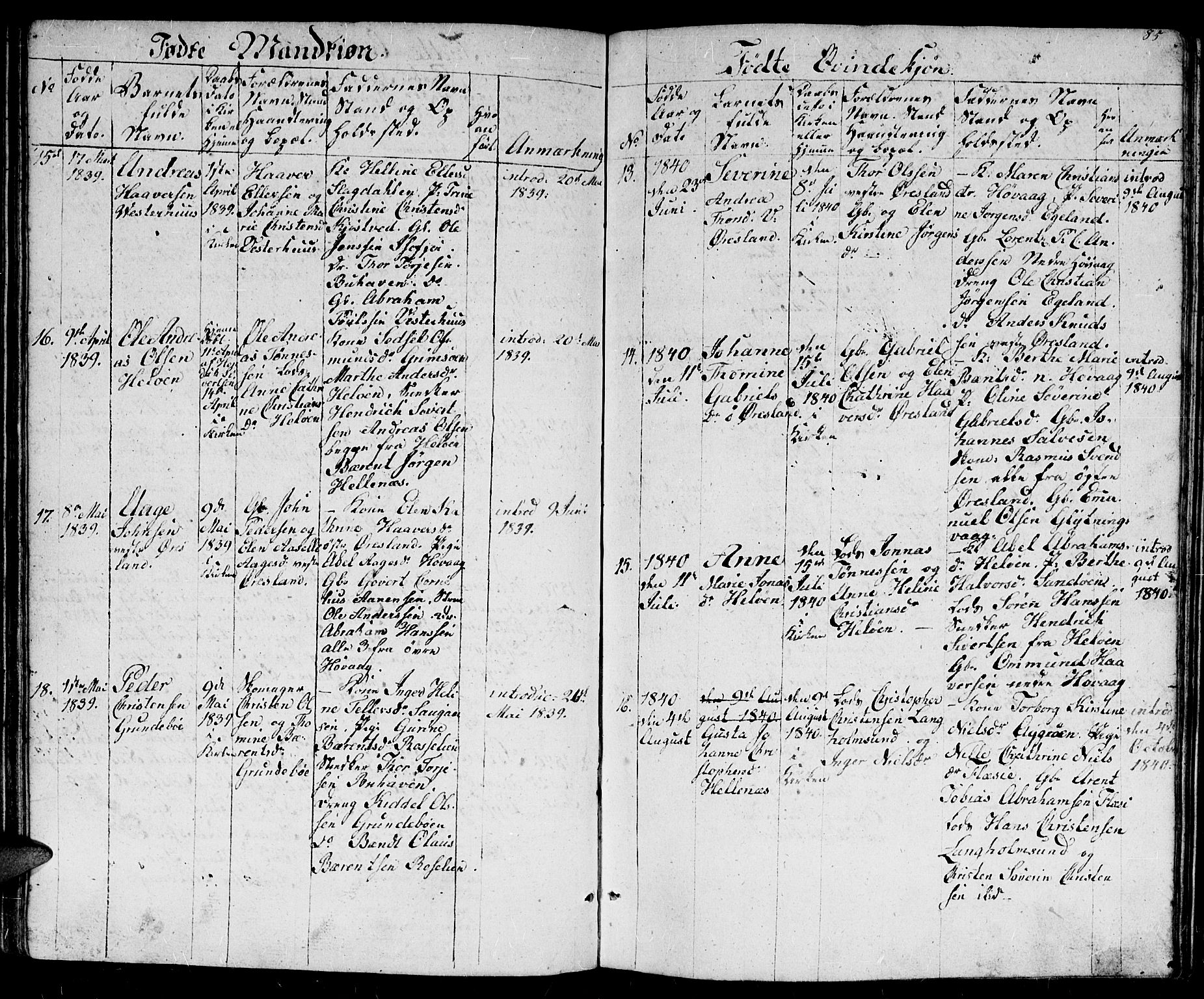 Høvåg sokneprestkontor, AV/SAK-1111-0025/F/Fb/L0001: Klokkerbok nr. B 1, 1817-1846, s. 85