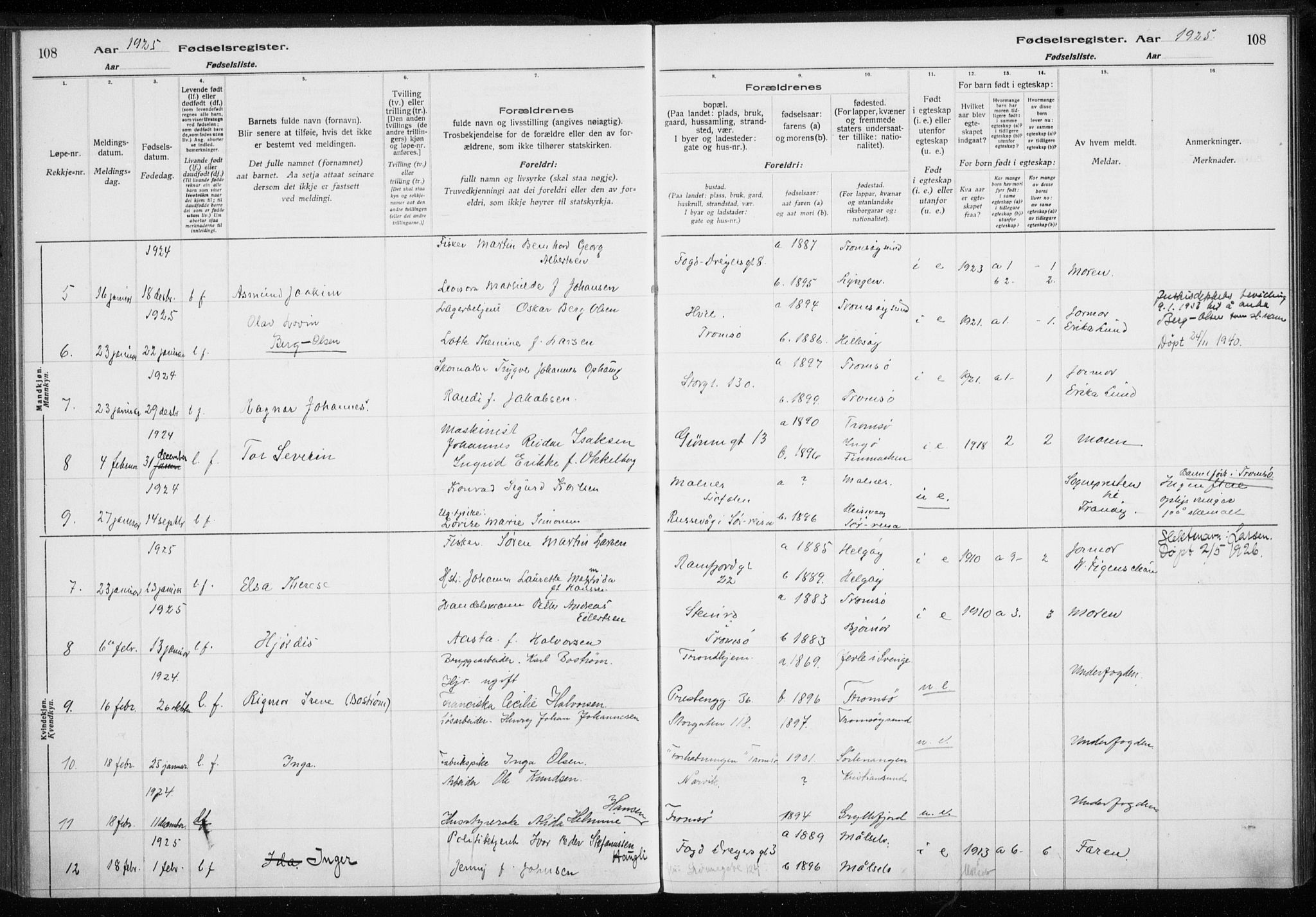 Tromsø sokneprestkontor/stiftsprosti/domprosti, AV/SATØ-S-1343/H/Ha/L0132: Fødselsregister nr. 132, 1921-1927, s. 108