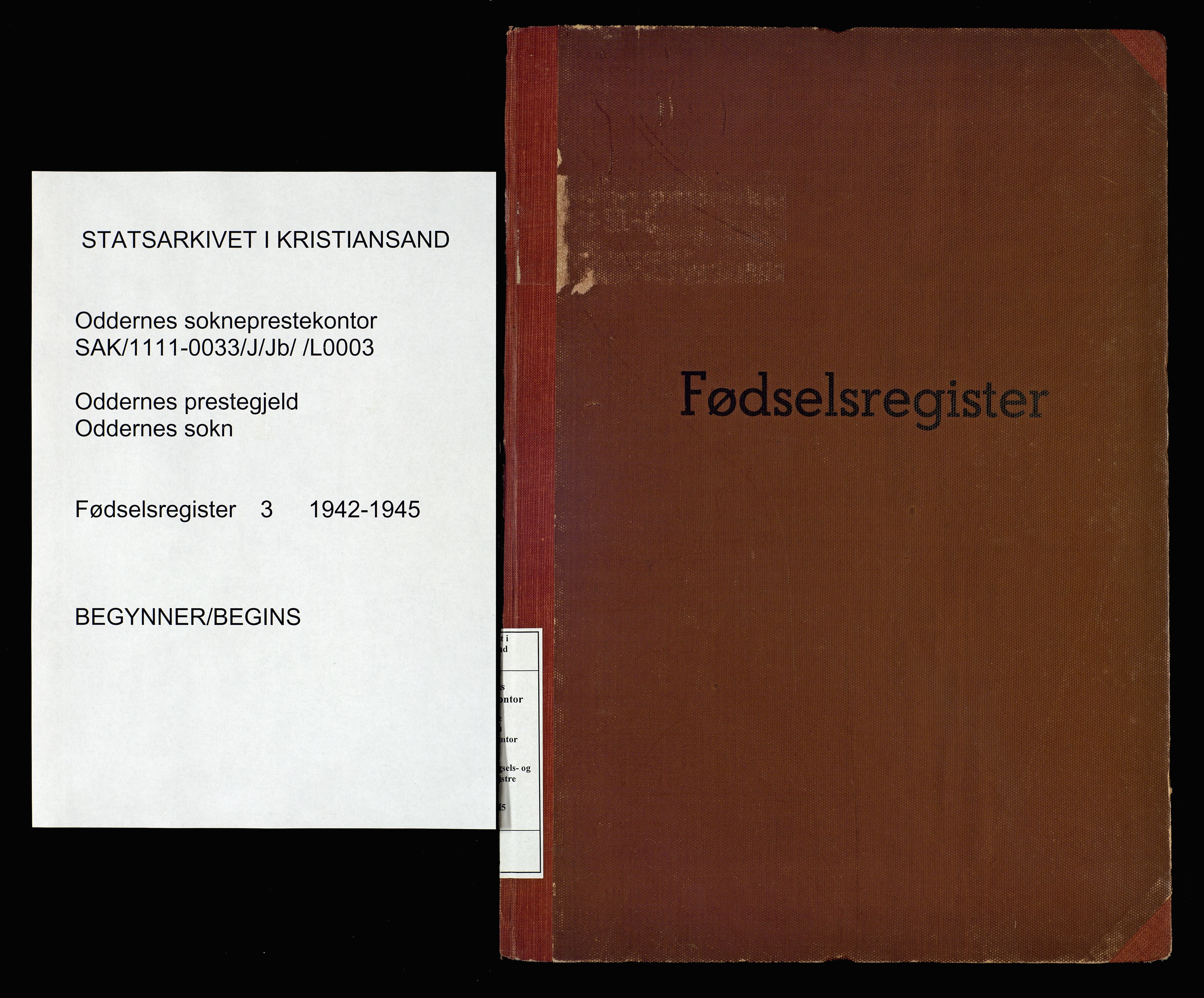 Oddernes sokneprestkontor, SAK/1111-0033/J/Jb/L0003: Fødselsregister nr. 3, 1942-1945