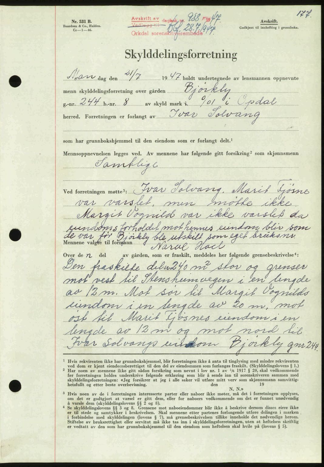 Orkdal sorenskriveri, SAT/A-4169/1/2/2C: Pantebok nr. A, 1947-1947, Dagboknr: 938/1947