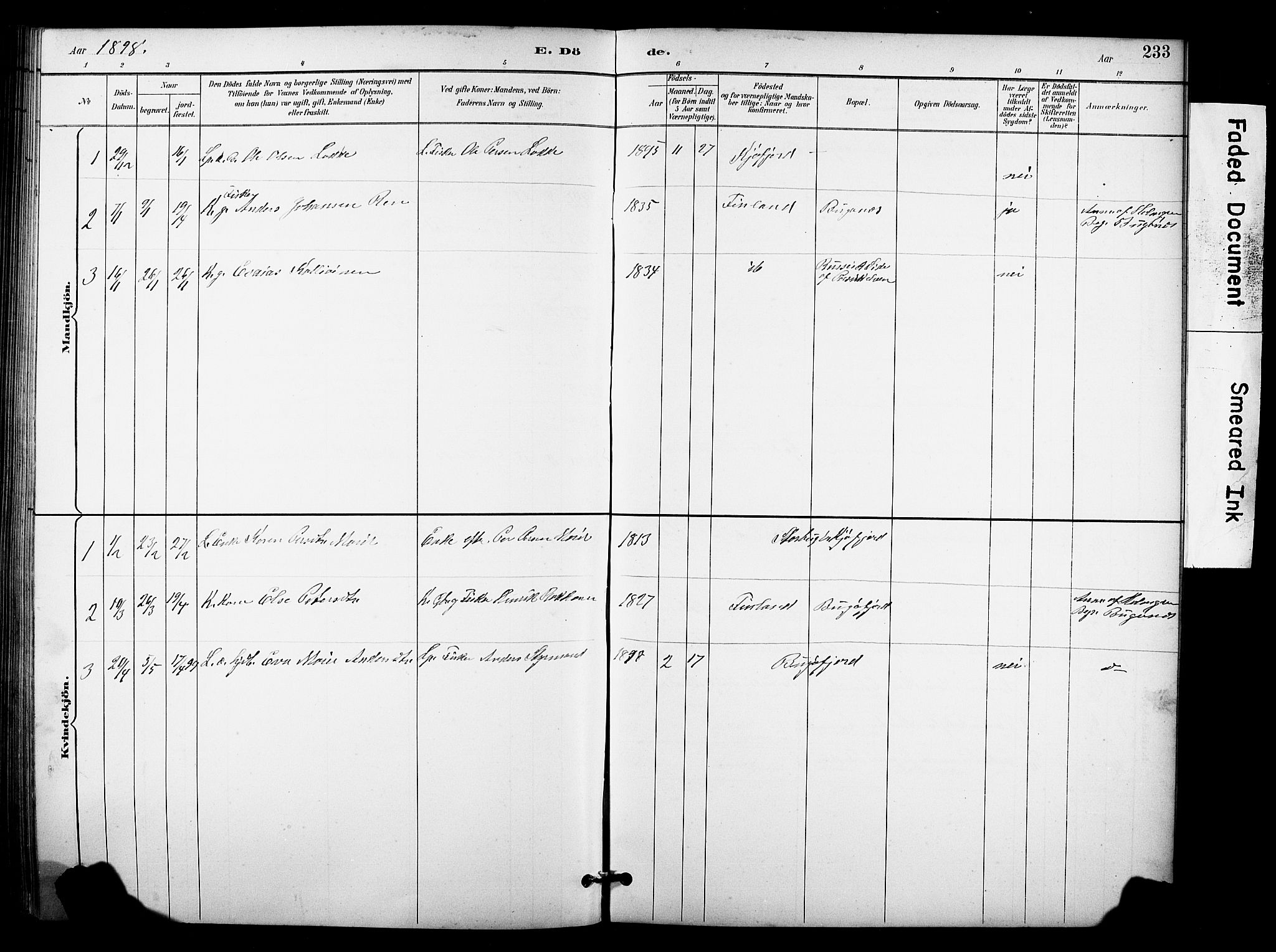 Sør-Varanger sokneprestkontor, AV/SATØ-S-1331/H/Hb/L0004klokker: Klokkerbok nr. 4, 1891-1912, s. 233