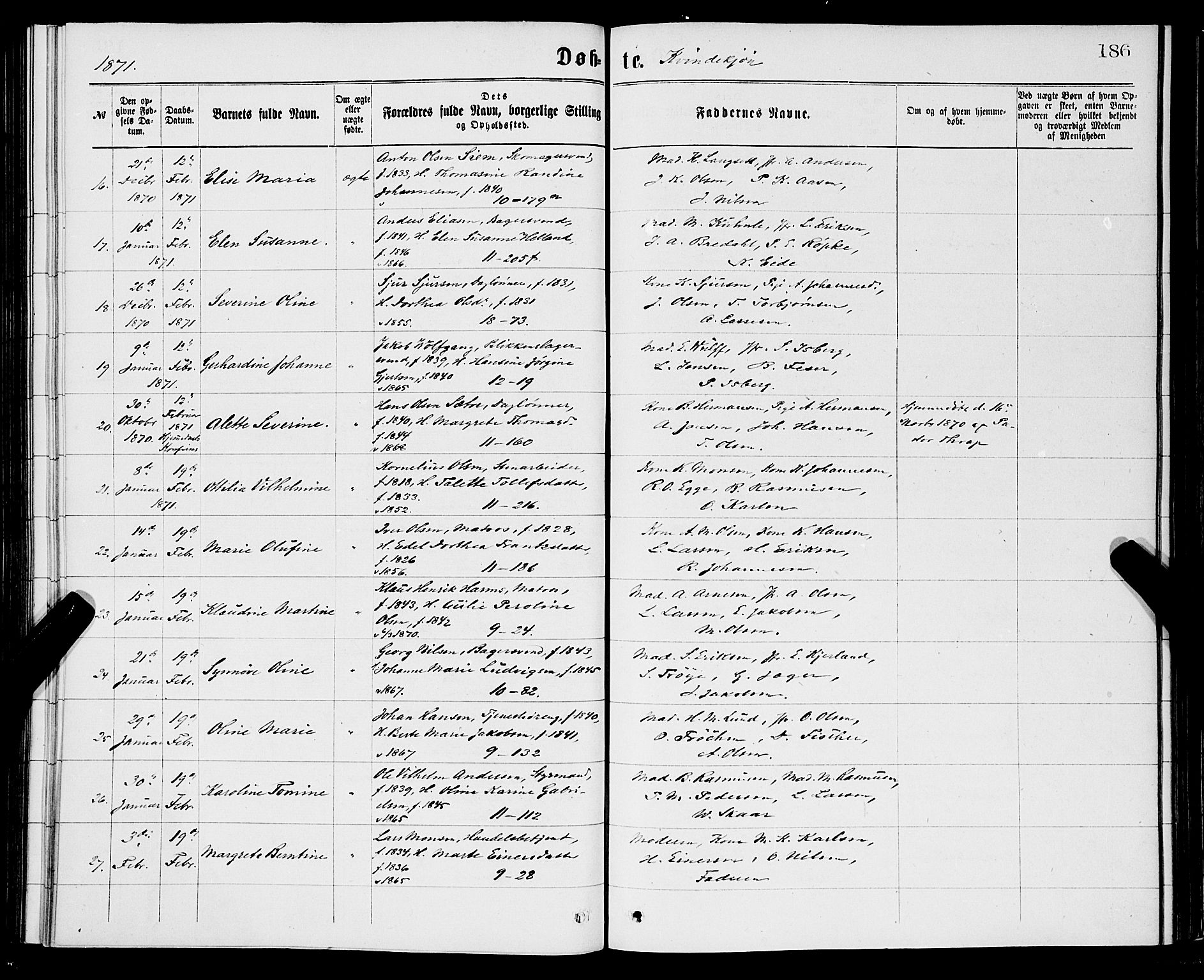 Domkirken sokneprestembete, AV/SAB-A-74801/H/Hab/L0013: Klokkerbok nr. B 6, 1869-1876, s. 186