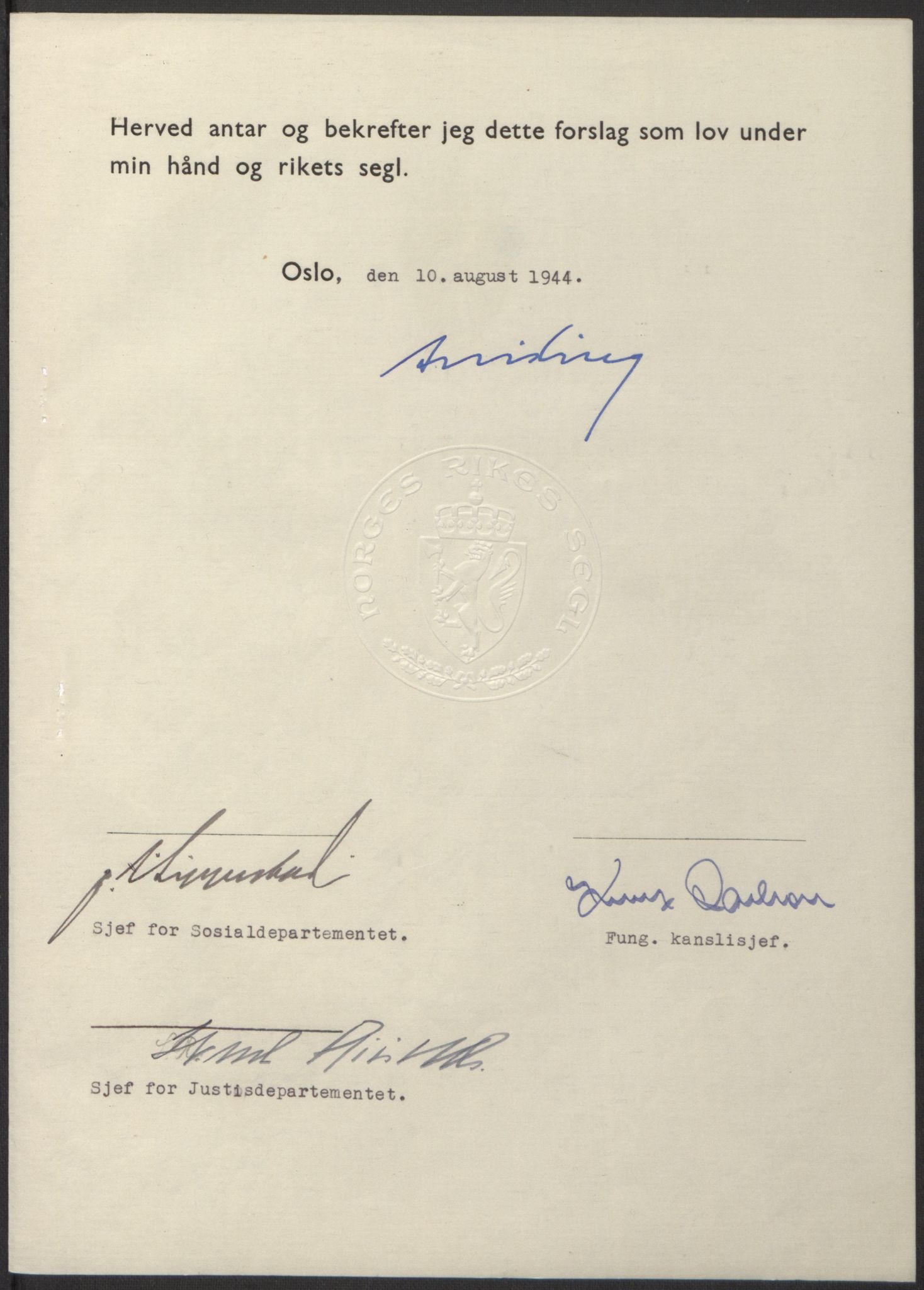 NS-administrasjonen 1940-1945 (Statsrådsekretariatet, de kommisariske statsråder mm), RA/S-4279/D/Db/L0100: Lover, 1944, s. 383