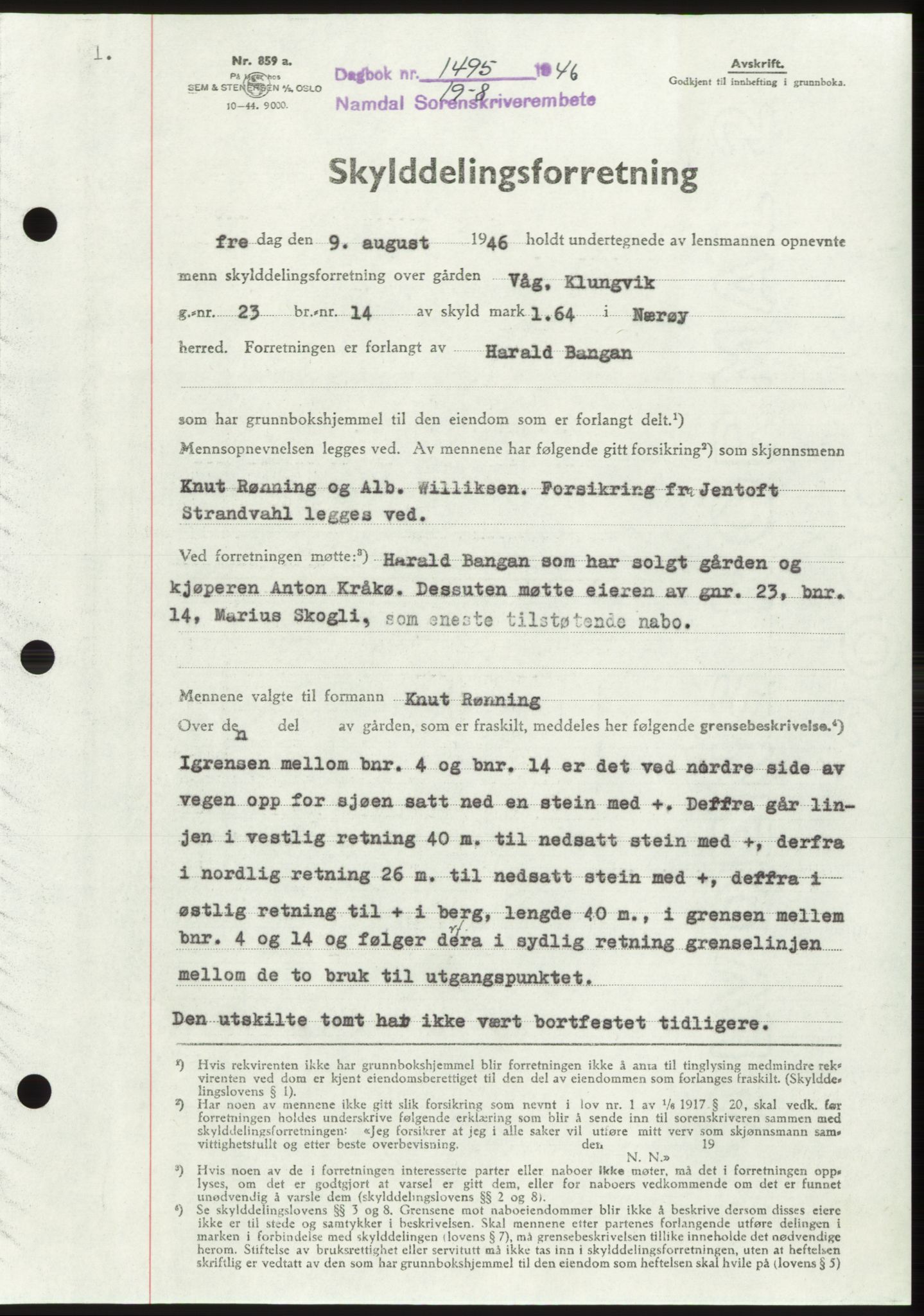Namdal sorenskriveri, SAT/A-4133/1/2/2C: Pantebok nr. -, 1946-1946, Dagboknr: 1495/1946