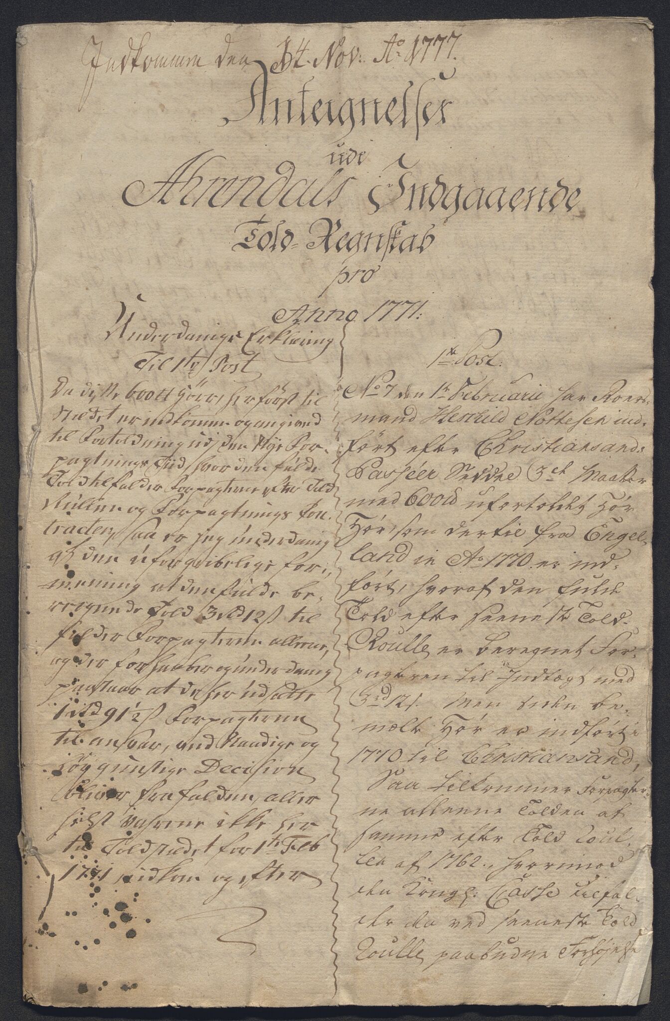 Generaltollkammeret, tollregnskaper, AV/RA-EA-5490/R15/L0070/0004: Tollregnskaper Arendal / Antegnelser, 1771, s. 1