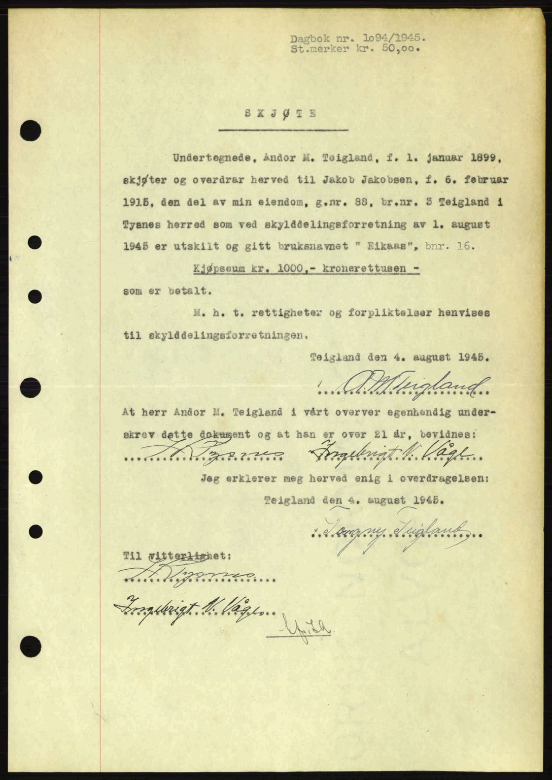 Sunnhordland sorenskrivar, AV/SAB-A-2401: Pantebok nr. A77, 1945-1945, Dagboknr: 1094/1945