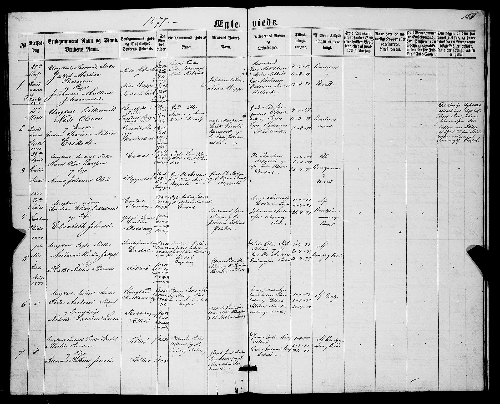 Askøy Sokneprestembete, SAB/A-74101/H/Ha/Hab/Haba/L0006: Klokkerbok nr. A 6, 1861-1881, s. 127