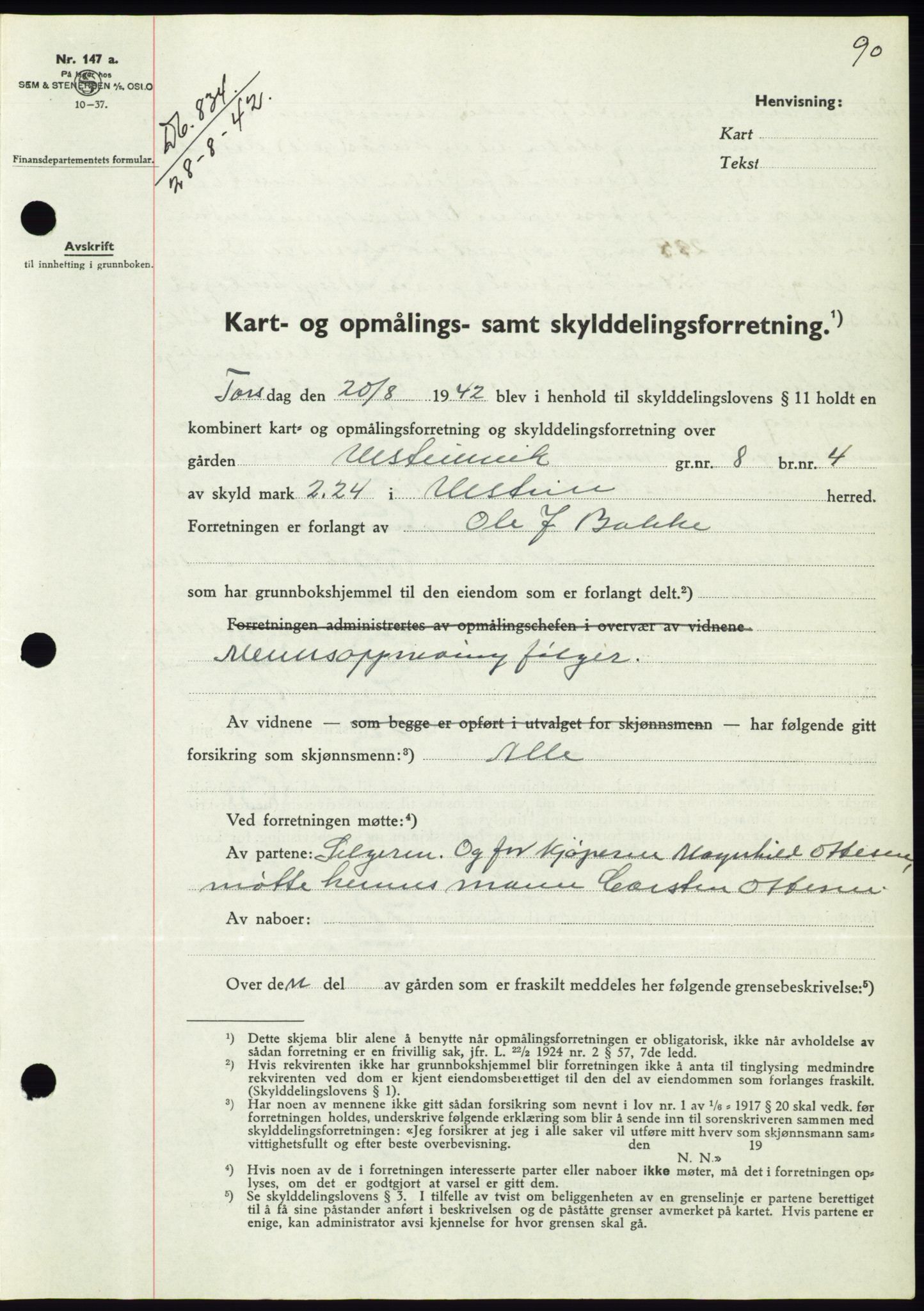 Søre Sunnmøre sorenskriveri, SAT/A-4122/1/2/2C/L0074: Pantebok nr. 68, 1942-1943, Dagboknr: 834/1942