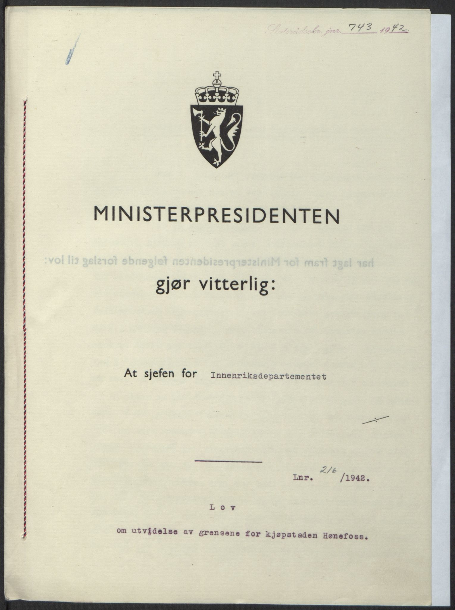 NS-administrasjonen 1940-1945 (Statsrådsekretariatet, de kommisariske statsråder mm), RA/S-4279/D/Db/L0098: Lover II, 1942, s. 497