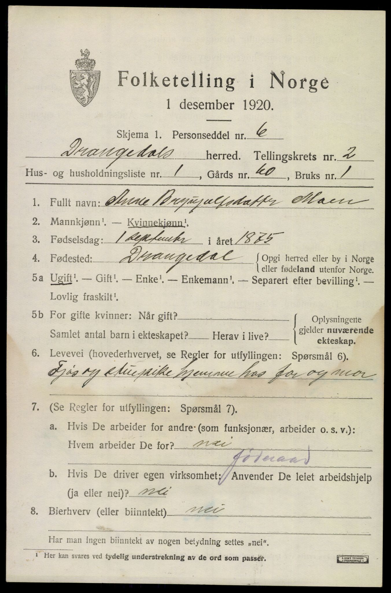 SAKO, Folketelling 1920 for 0817 Drangedal herred, 1920, s. 2079