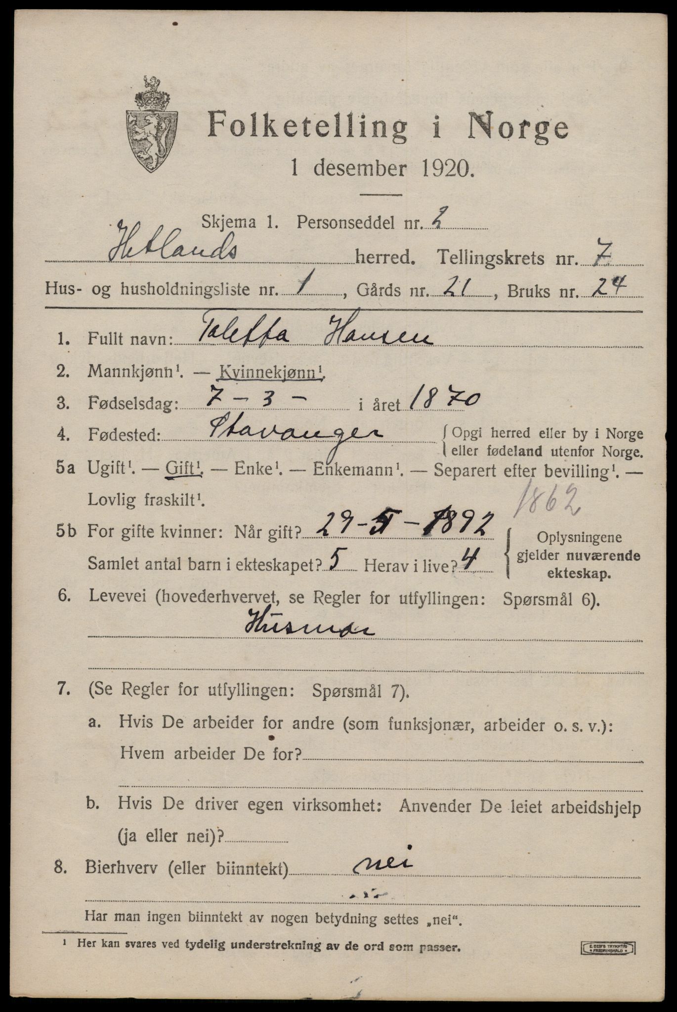 SAST, Folketelling 1920 for 1126 Hetland herred, 1920, s. 13889