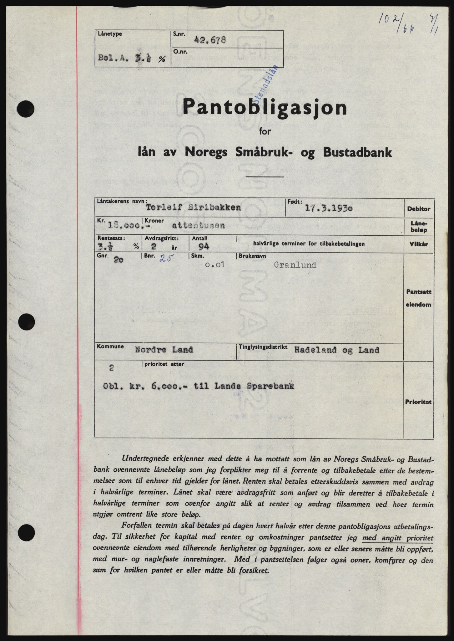 Hadeland og Land tingrett, SAH/TING-010/H/Hb/Hbc/L0061: Pantebok nr. B61, 1965-1966, Dagboknr: 102/1966