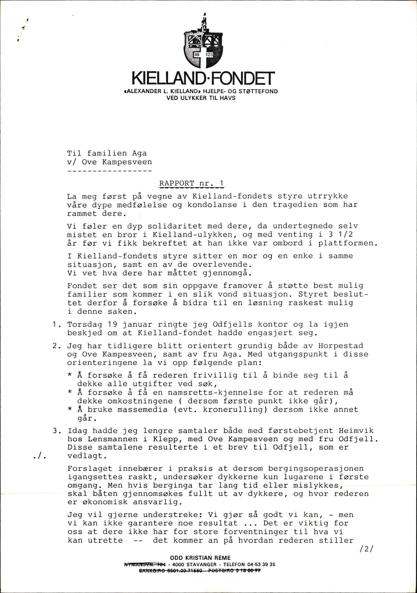 Pa 1660 - Kielland- fondet, AV/SAST-A-102242/X/Xa/L0001: Rapport til overlevende og etterlatte/ Kielland Bulletin, 1980-1998