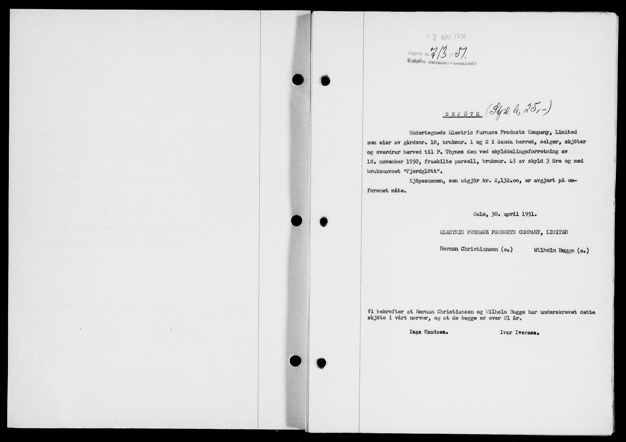 Ryfylke tingrett, SAST/A-100055/001/II/IIB/L0113: Pantebok nr. 92, 1951-1951, Dagboknr: 713/1951