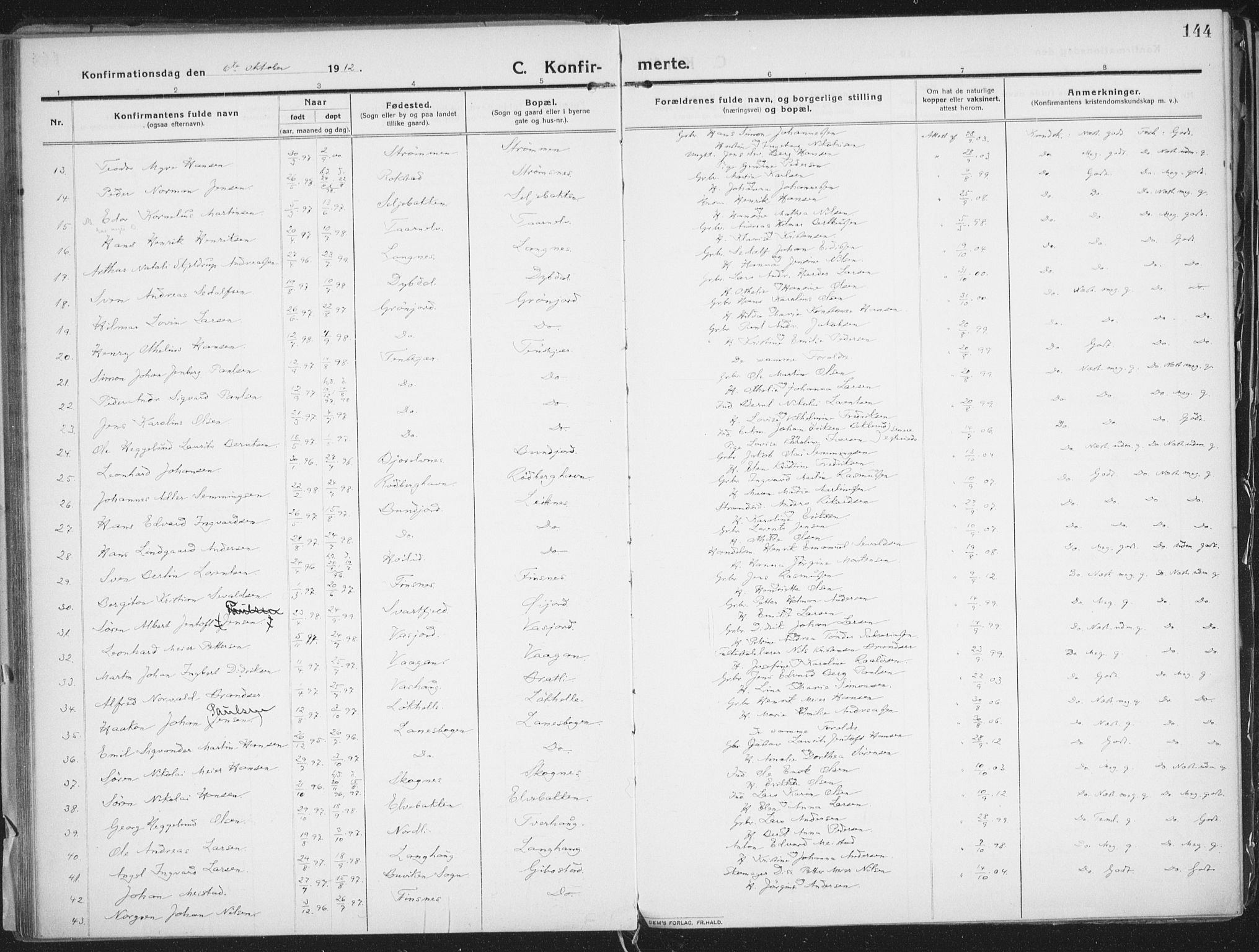 Lenvik sokneprestembete, SATØ/S-1310/H/Ha/Haa/L0016kirke: Ministerialbok nr. 16, 1910-1924, s. 144