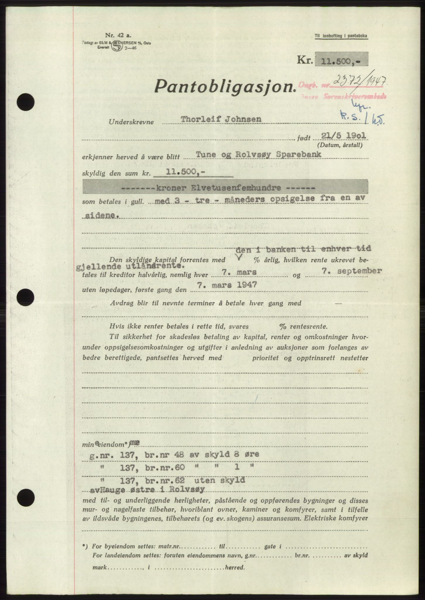 Onsøy sorenskriveri, SAO/A-10474/G/Ga/Gac/L0006: Pantebok nr. B 12-6, 1947-1948, Dagboknr: 2372/1947