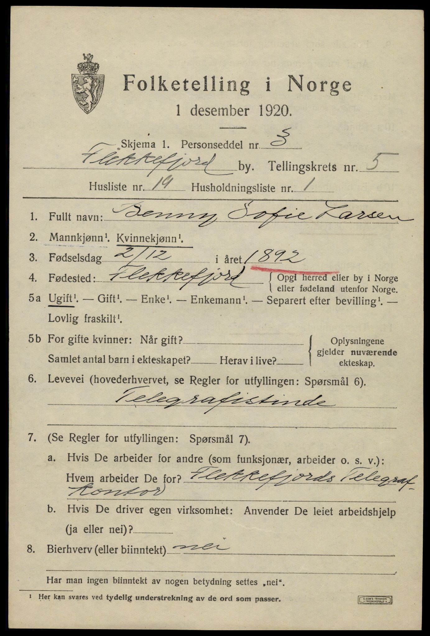 SAK, Folketelling 1920 for 1004 Flekkefjord kjøpstad, 1920, s. 5460