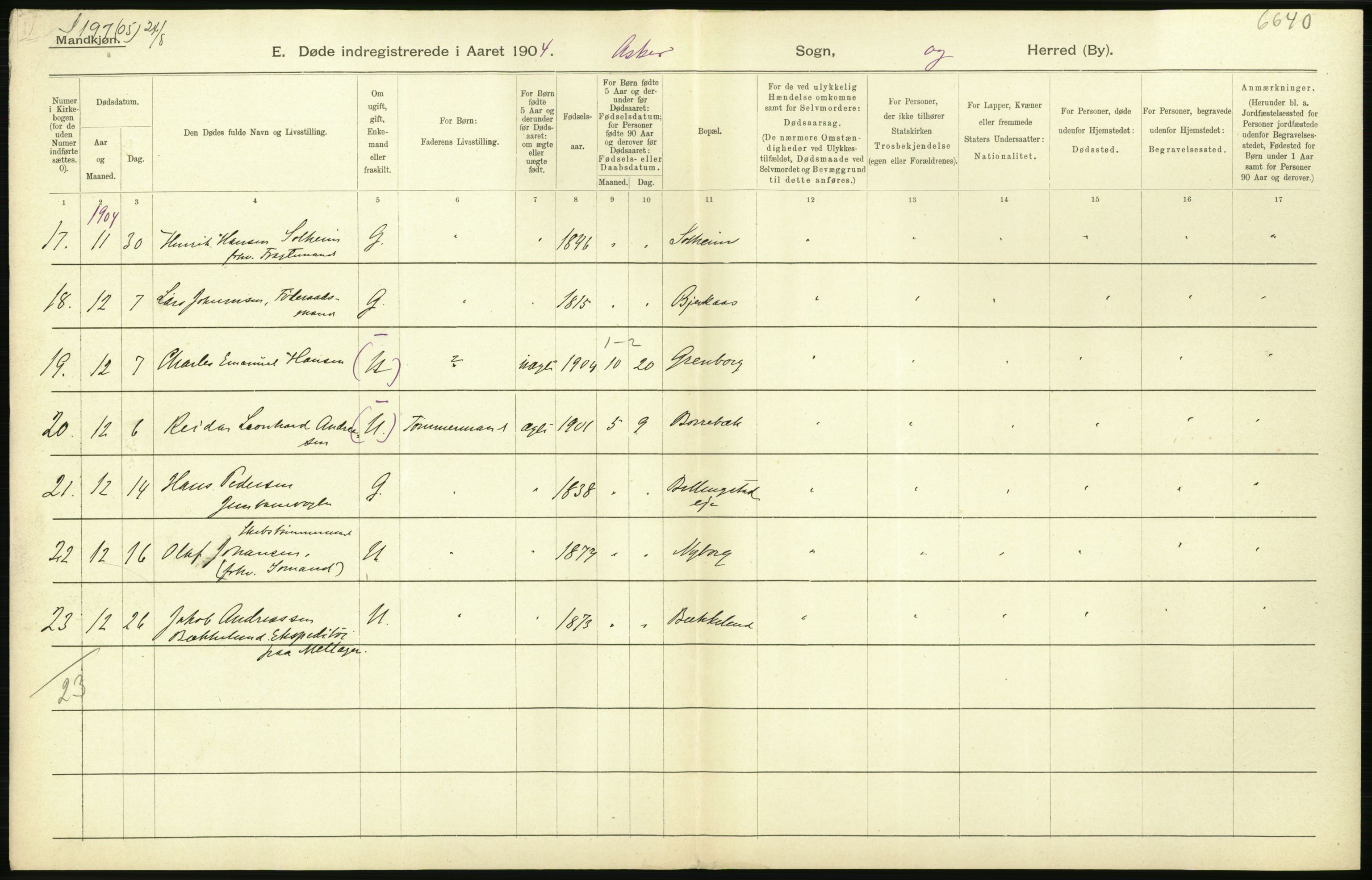 Statistisk sentralbyrå, Sosiodemografiske emner, Befolkning, AV/RA-S-2228/D/Df/Dfa/Dfab/L0002: Akershus amt: Fødte, gifte, døde, 1904, s. 608