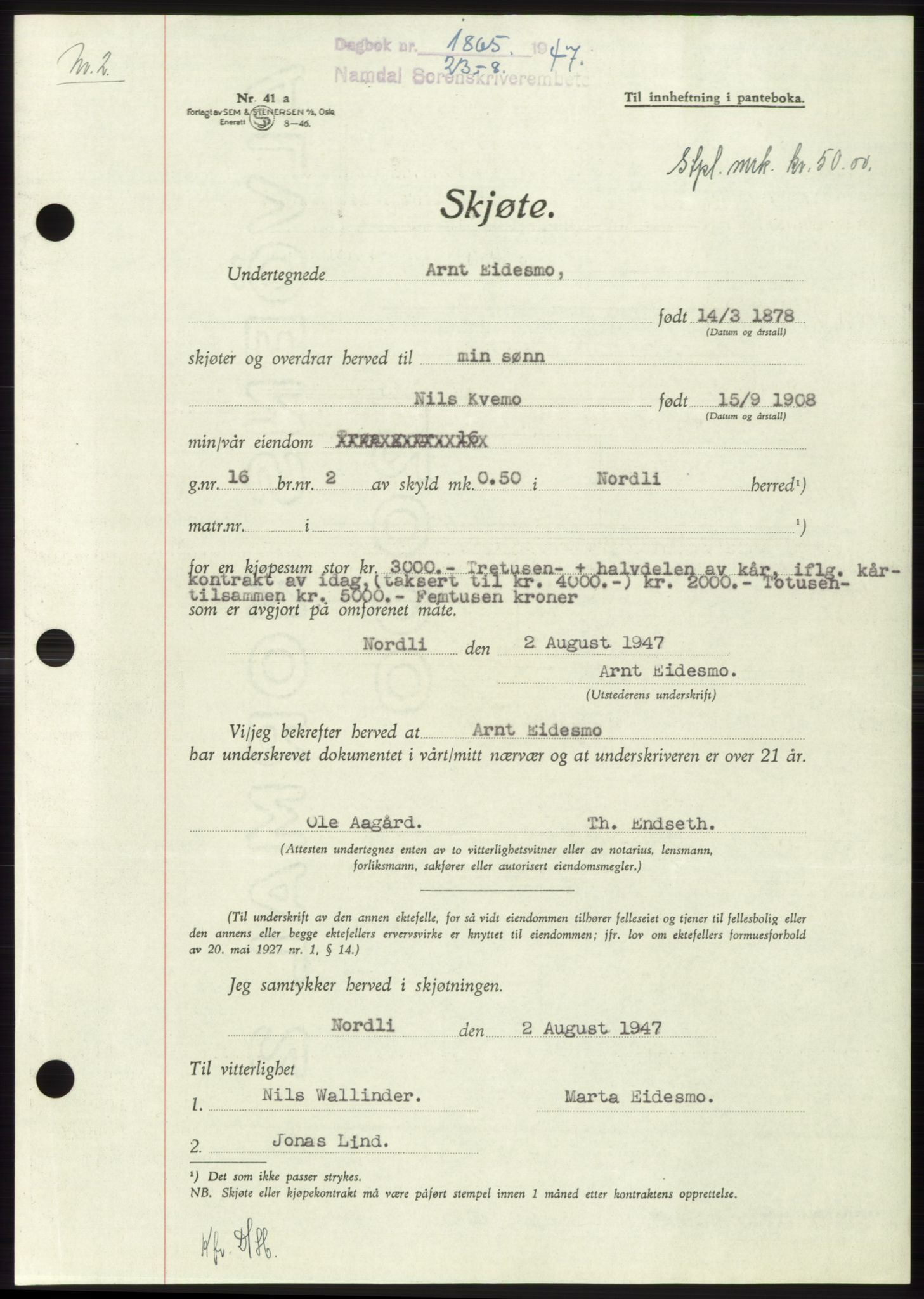 Namdal sorenskriveri, SAT/A-4133/1/2/2C: Pantebok nr. -, 1947-1947, Dagboknr: 1865/1947