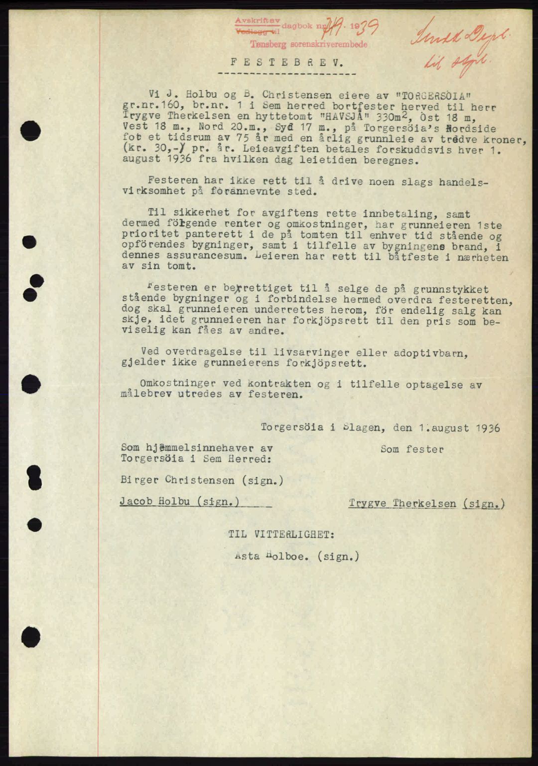 Jarlsberg sorenskriveri, SAKO/A-131/G/Ga/Gaa/L0006: Pantebok nr. A-6, 1938-1939, Dagboknr: 749/1939