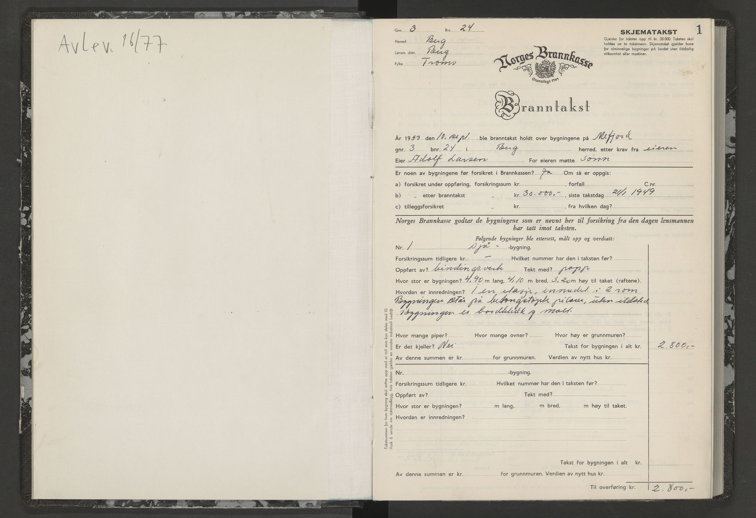 Berg og Torsken lensmannskontor, AV/SATØ-S-1274/F/Fp/Fpb/L0227: Branntakstprotokoll, 1953-1955