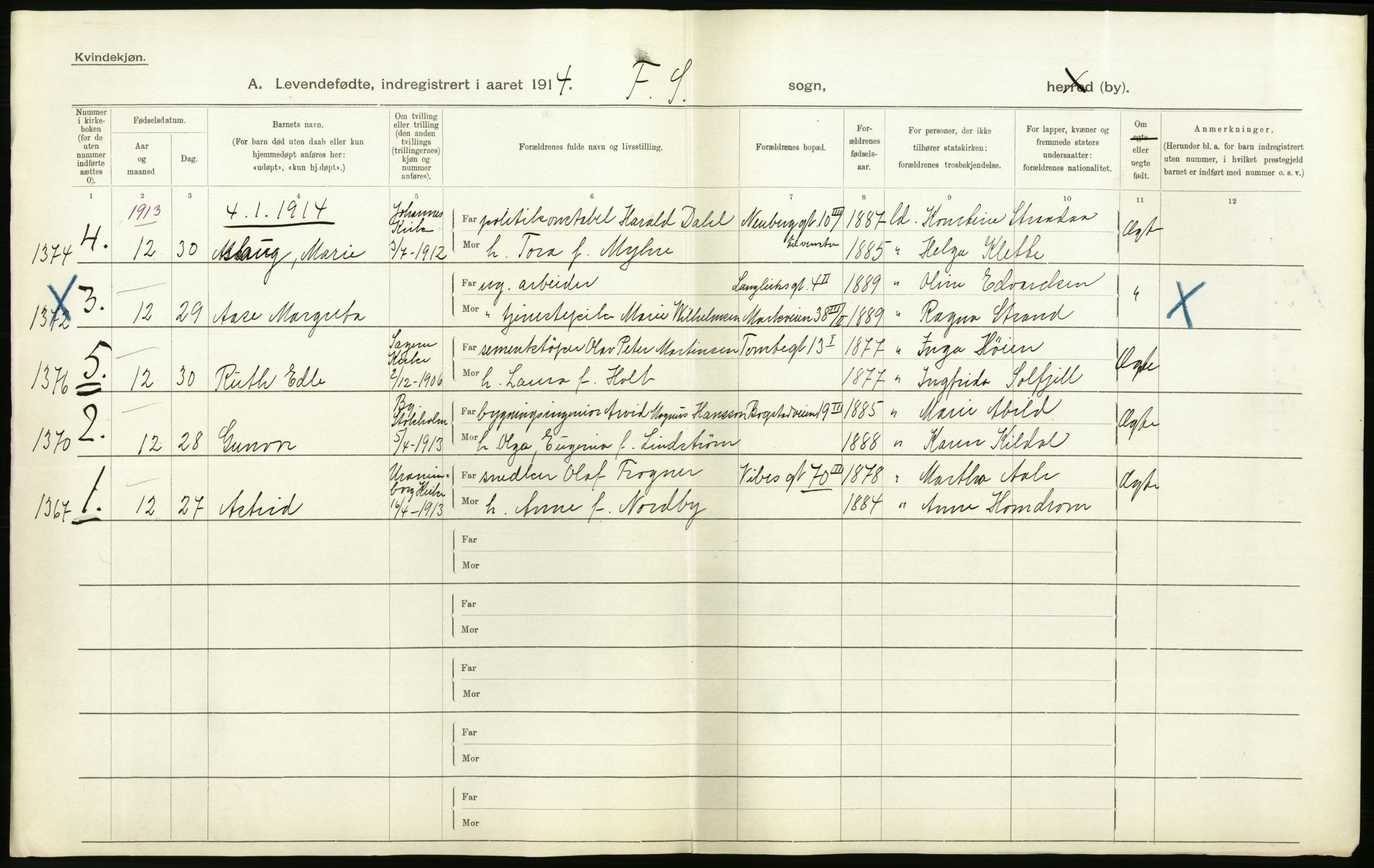 Statistisk sentralbyrå, Sosiodemografiske emner, Befolkning, AV/RA-S-2228/D/Df/Dfb/Dfbd/L0005: Kristiania: Levendefødte menn og kvinner., 1914, s. 368