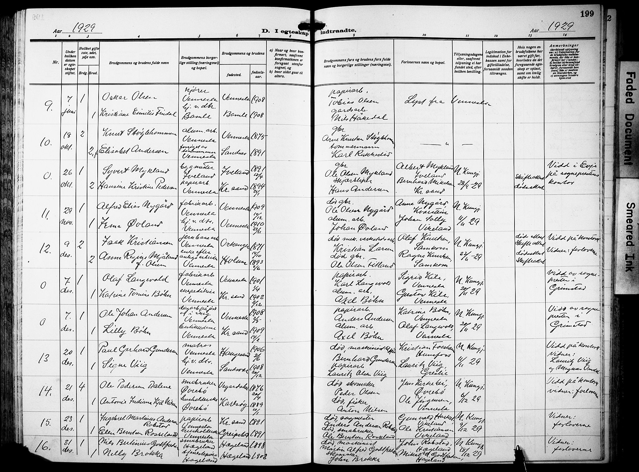 Vennesla sokneprestkontor, AV/SAK-1111-0045/Fb/Fbb/L0007: Klokkerbok nr. B 7, 1922-1933, s. 199