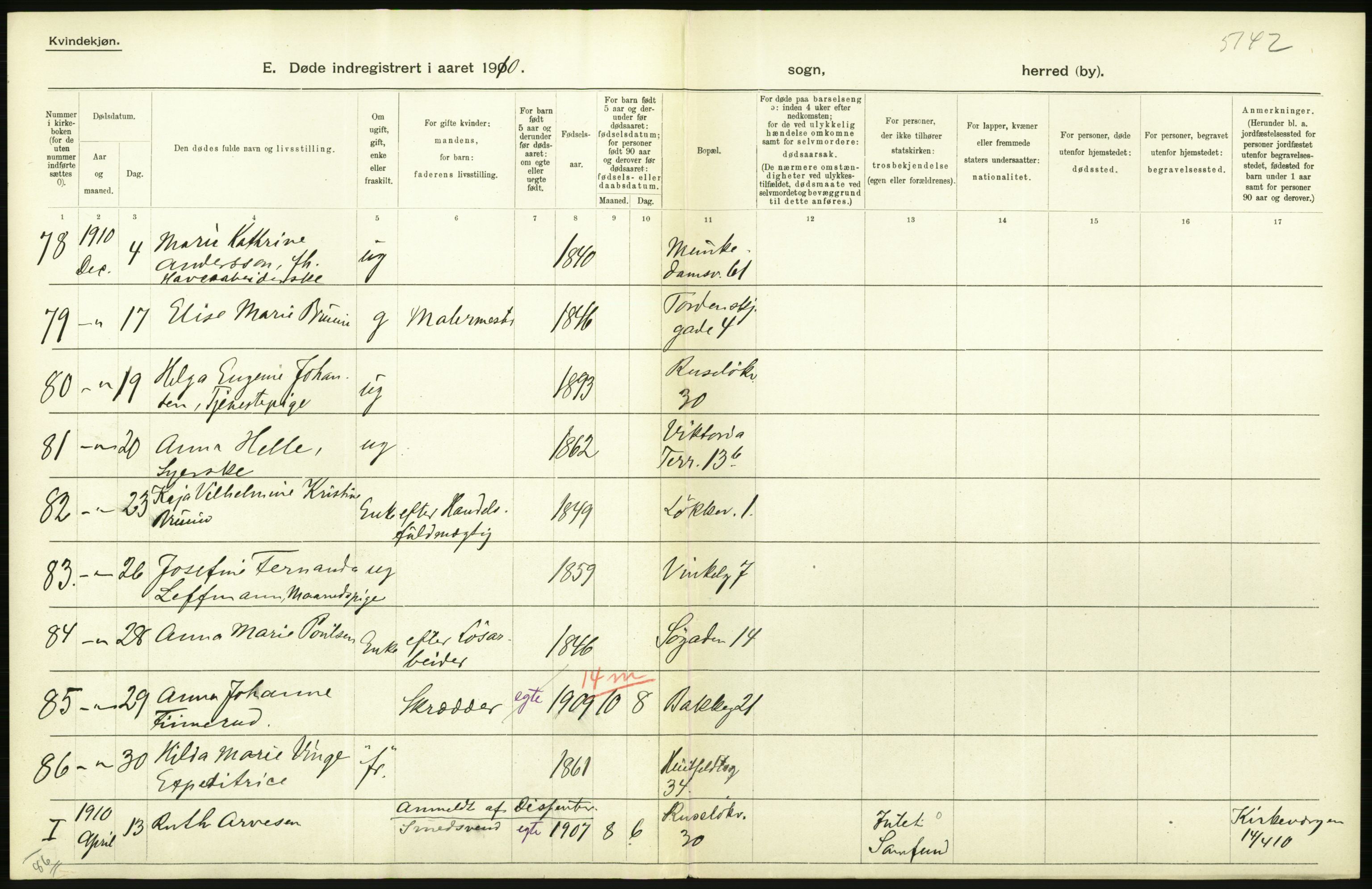 Statistisk sentralbyrå, Sosiodemografiske emner, Befolkning, RA/S-2228/D/Df/Dfa/Dfah/L0008: Kristiania: Døde, 1910, s. 478