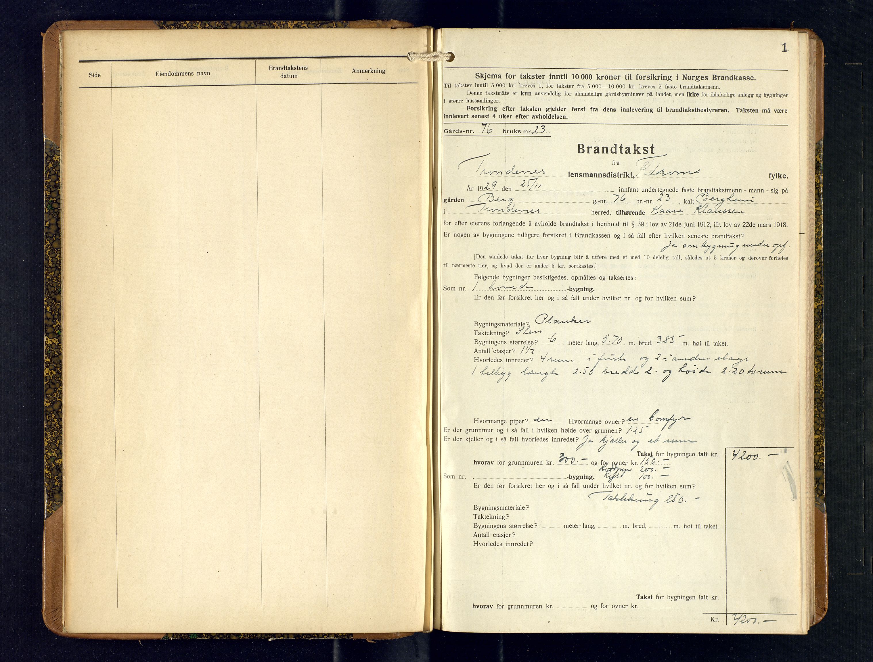 Harstad lensmannskontor, AV/SATØ-SATØ-10/F/Fr/Fra/L0615: Branntakstprotokoll (S), 1929-1932, s. 1