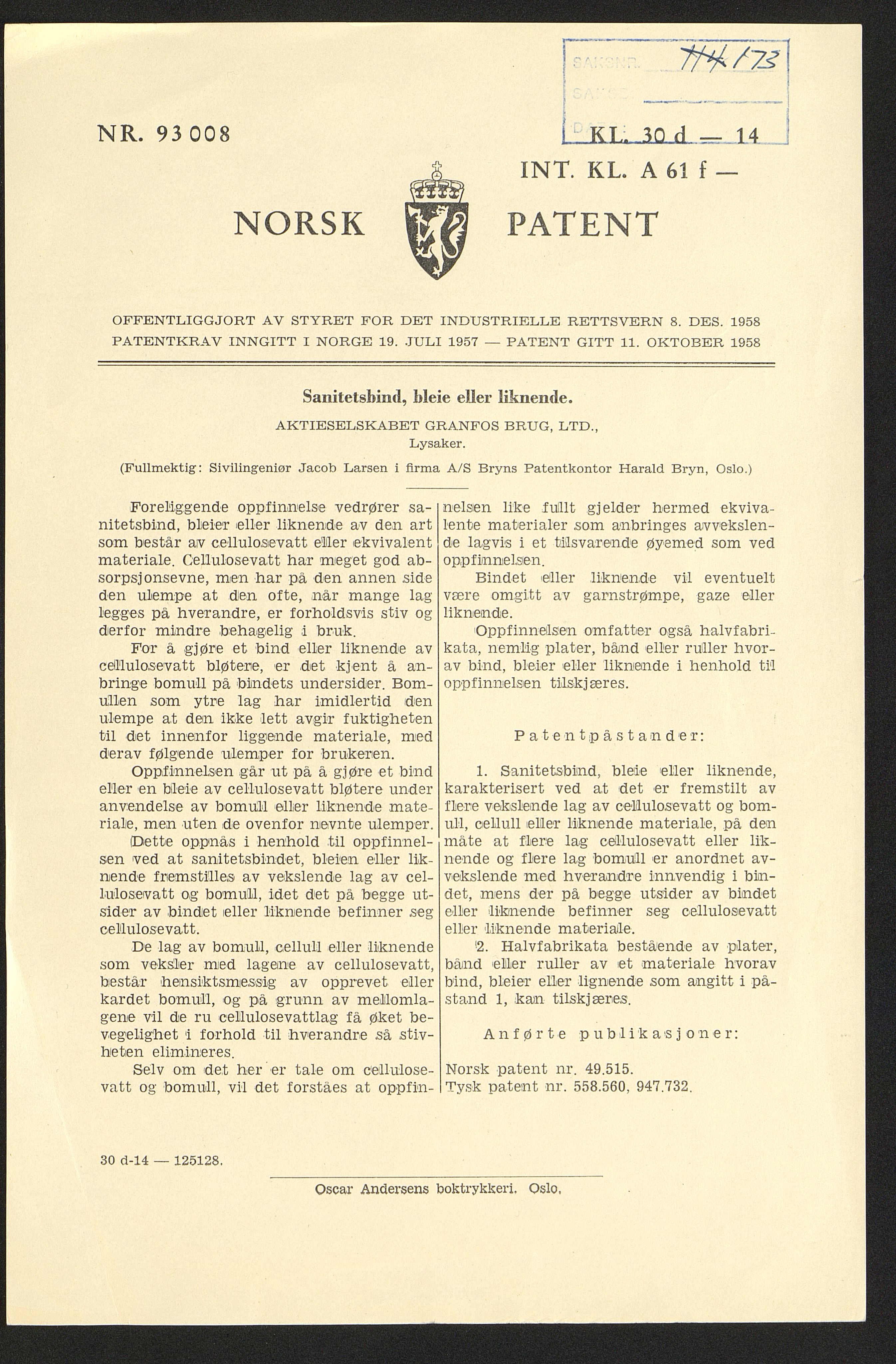 Pa 46 - Sca Mølnlycke AS, VEMU/A-1050/F/L0002/0001: Laboratoriet / Patenter menstruasjonsprodukter, 1889-1958