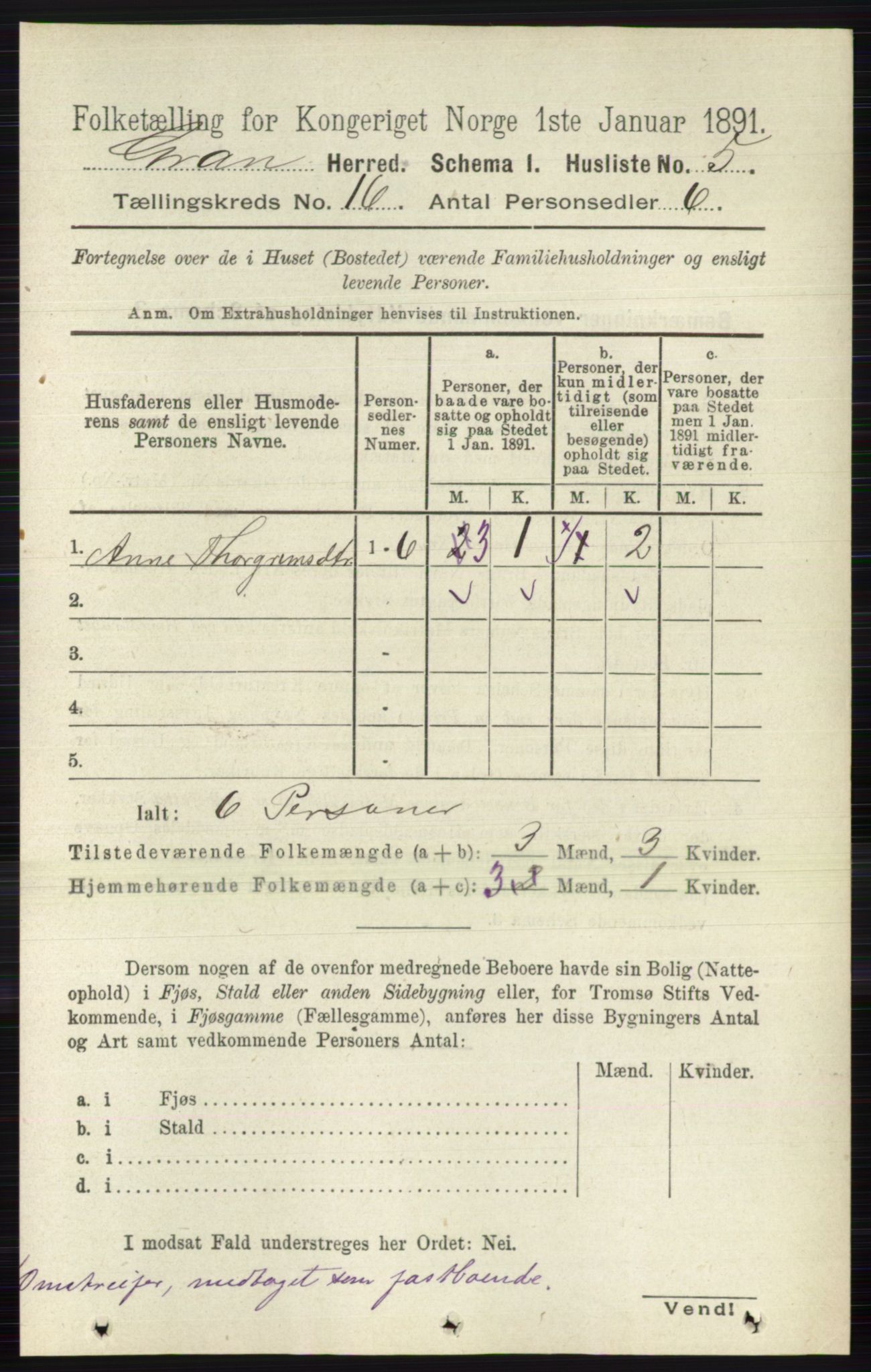 RA, Folketelling 1891 for 0534 Gran herred, 1891, s. 8015