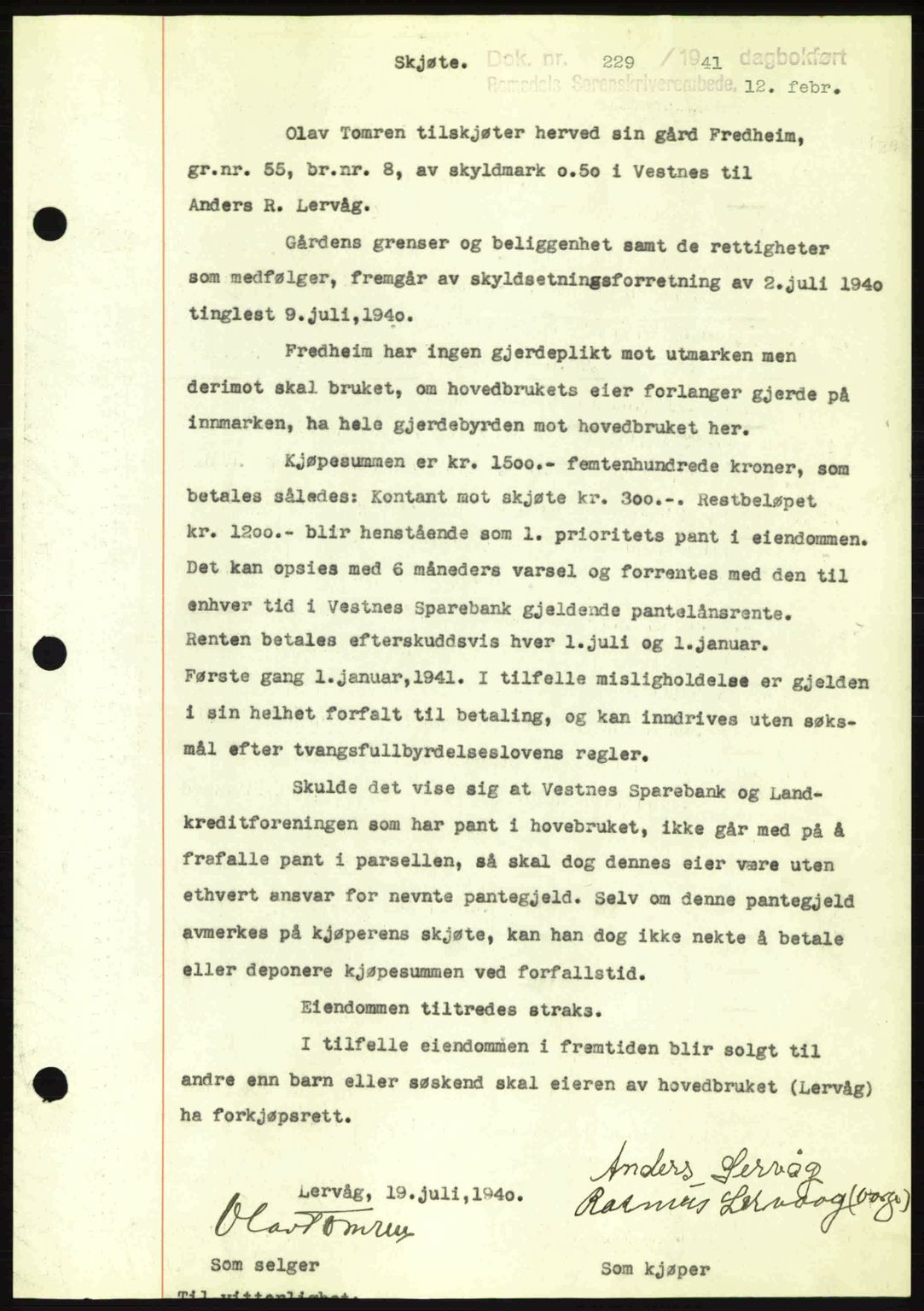 Romsdal sorenskriveri, SAT/A-4149/1/2/2C: Pantebok nr. A9, 1940-1941, Dagboknr: 229/1941