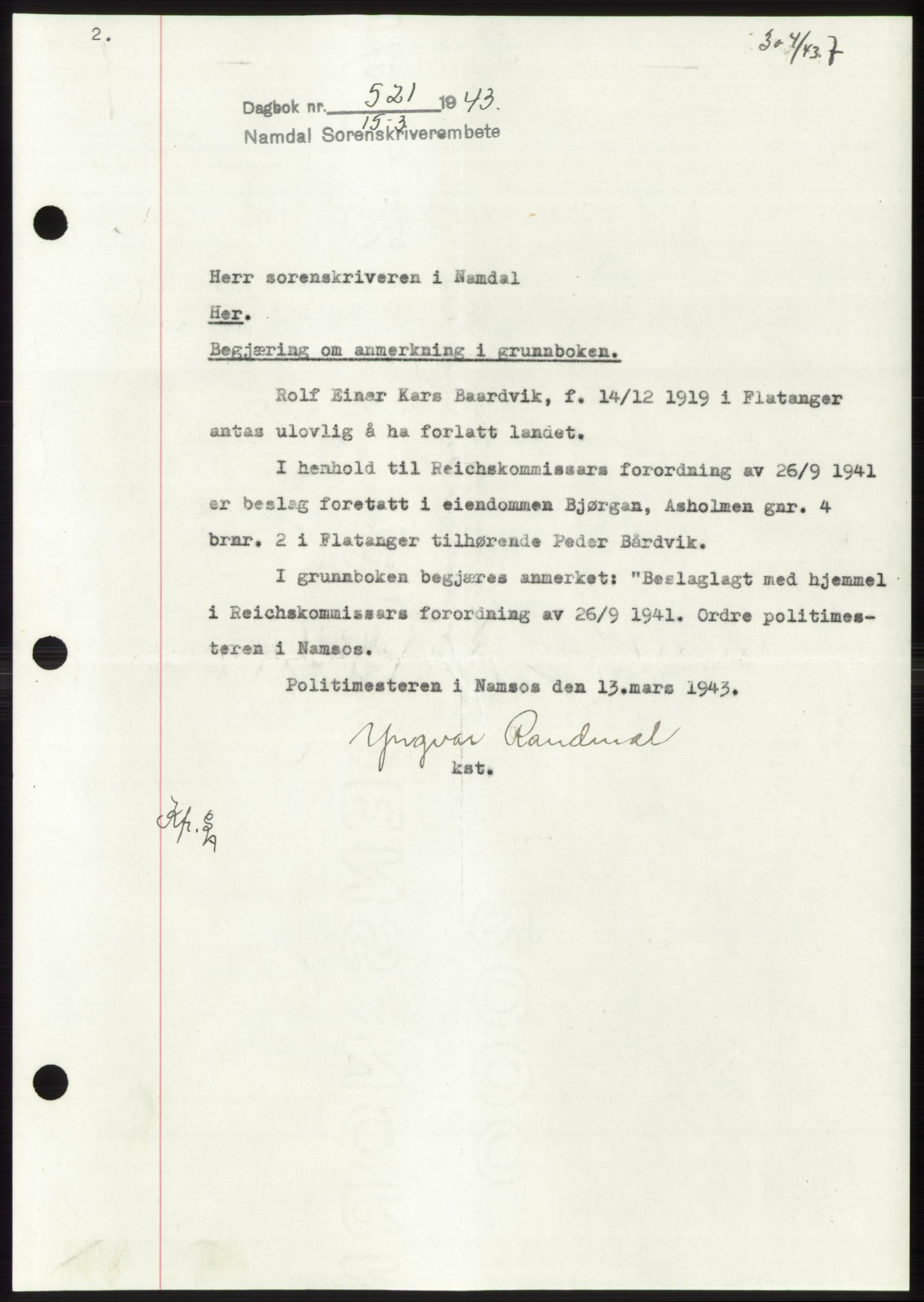 Namdal sorenskriveri, SAT/A-4133/1/2/2C: Pantebok nr. -, 1942-1943, Dagboknr: 521/1943
