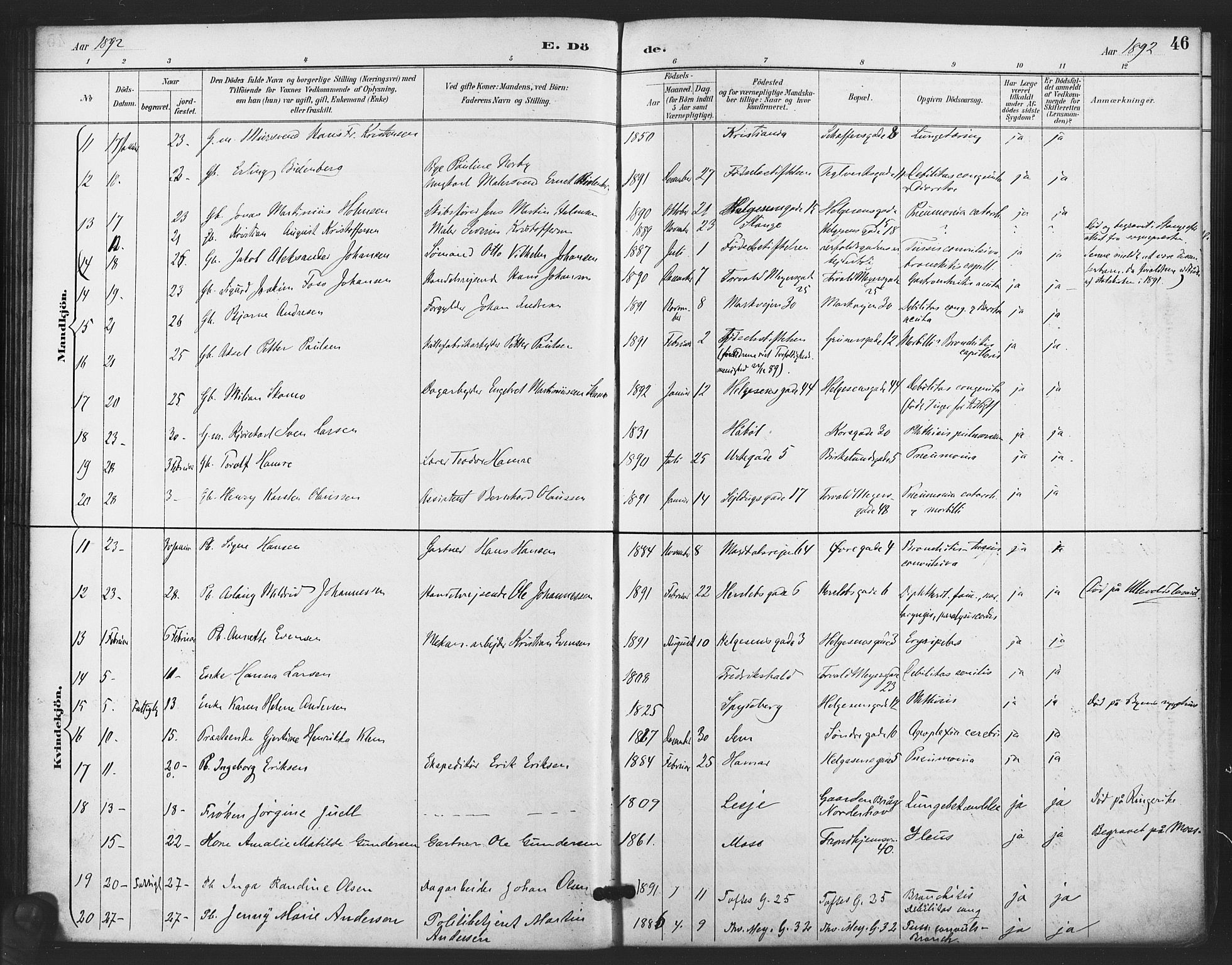 Paulus prestekontor Kirkebøker, AV/SAO-A-10871/F/Fa/L0011: Ministerialbok nr. 11, 1889-1897, s. 46